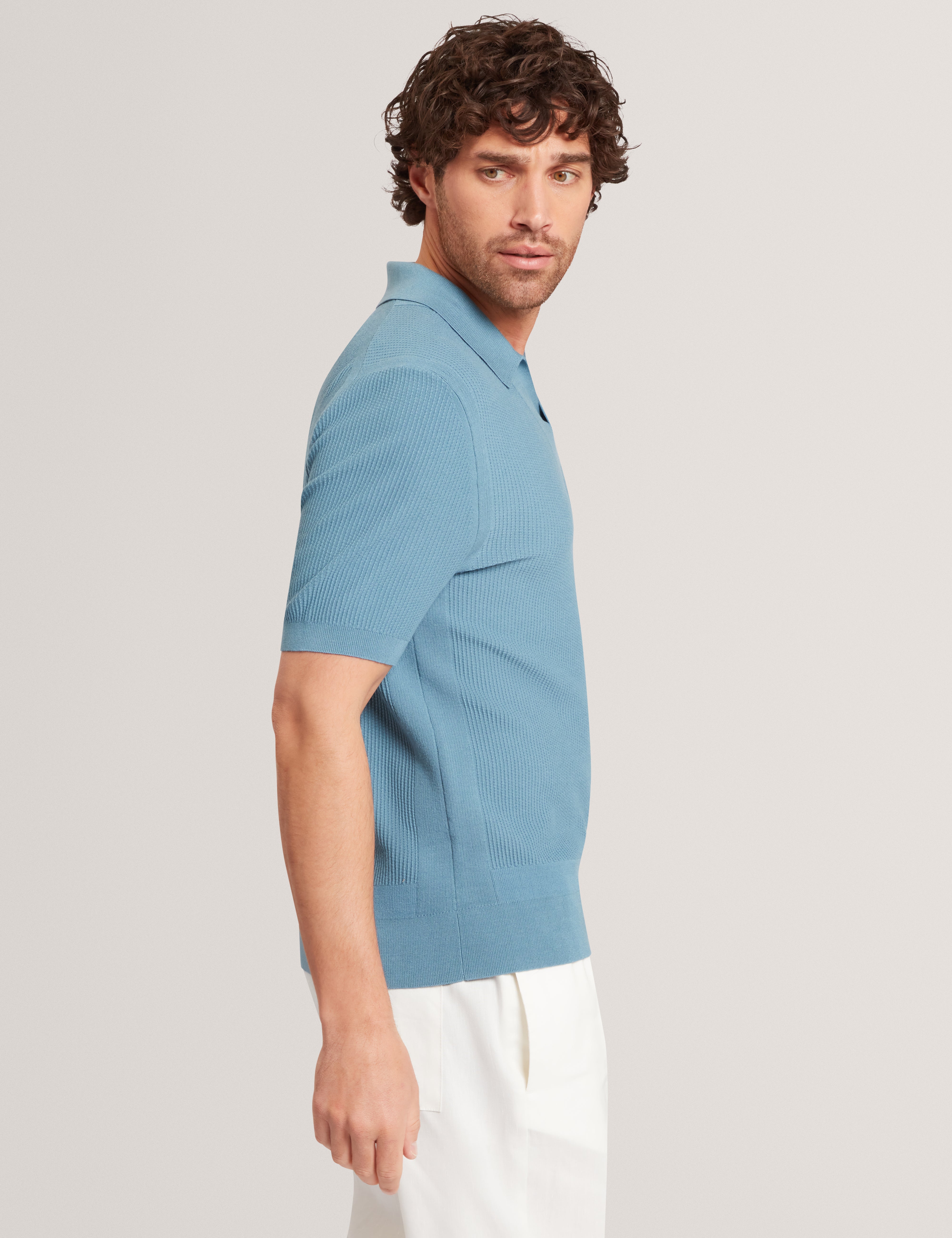 Aindrea Short Sleeve Stitch Detail Open Neck Polo Sky-Blue