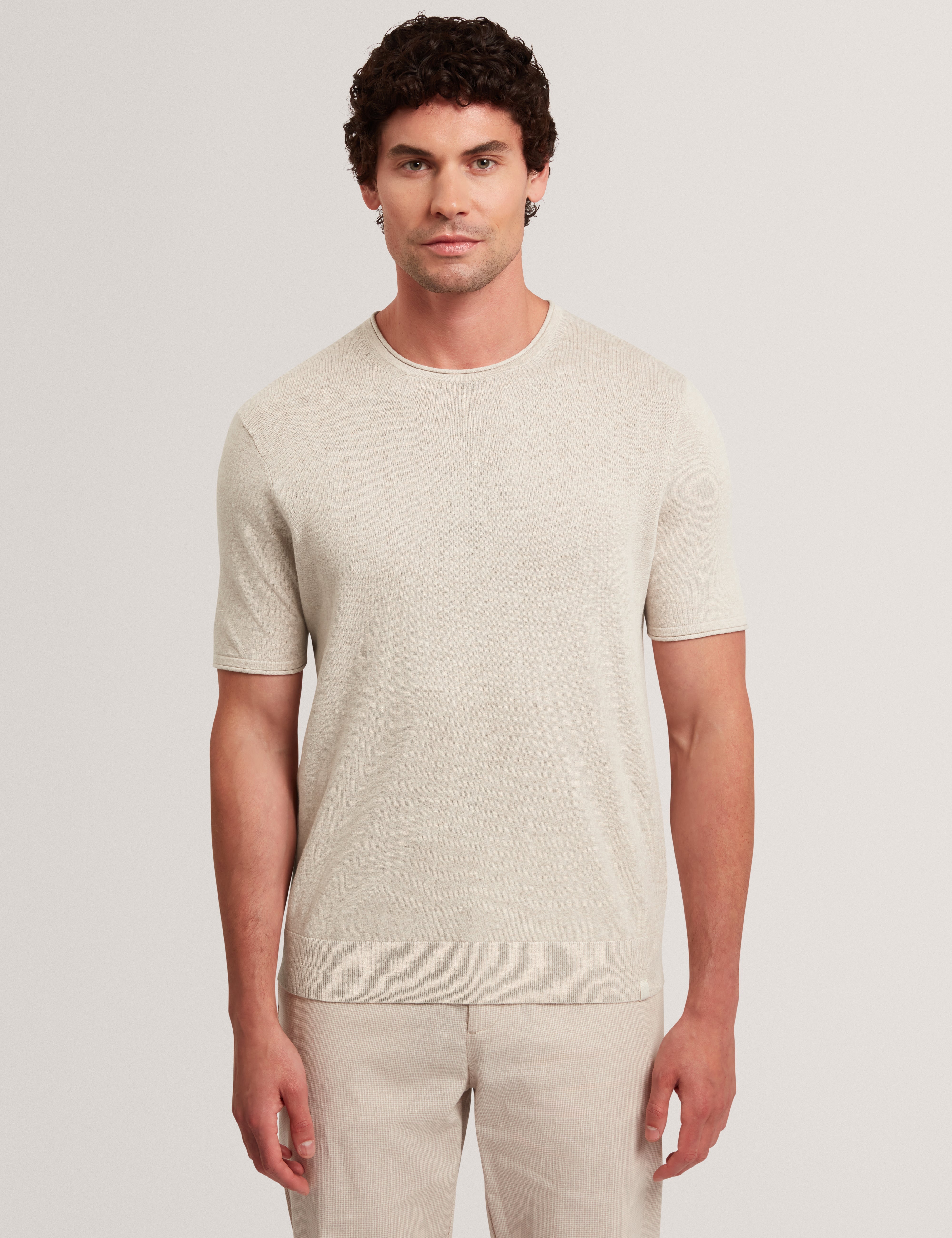 Curran Short Sleeve Linen Blend Roll Edge T-Shirt Taupe