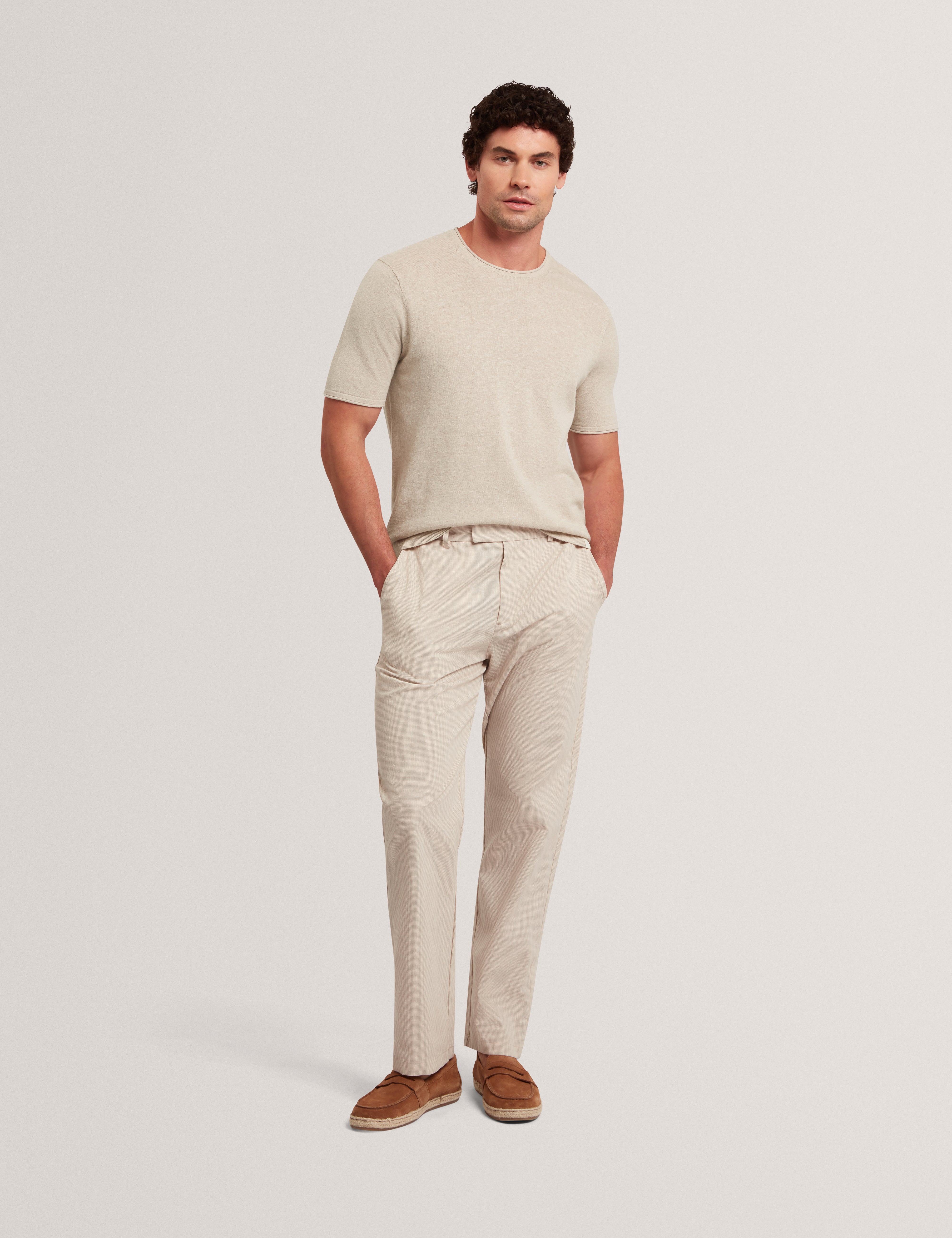 Curran Short Sleeve Linen Blend Roll Edge T-Shirt Taupe