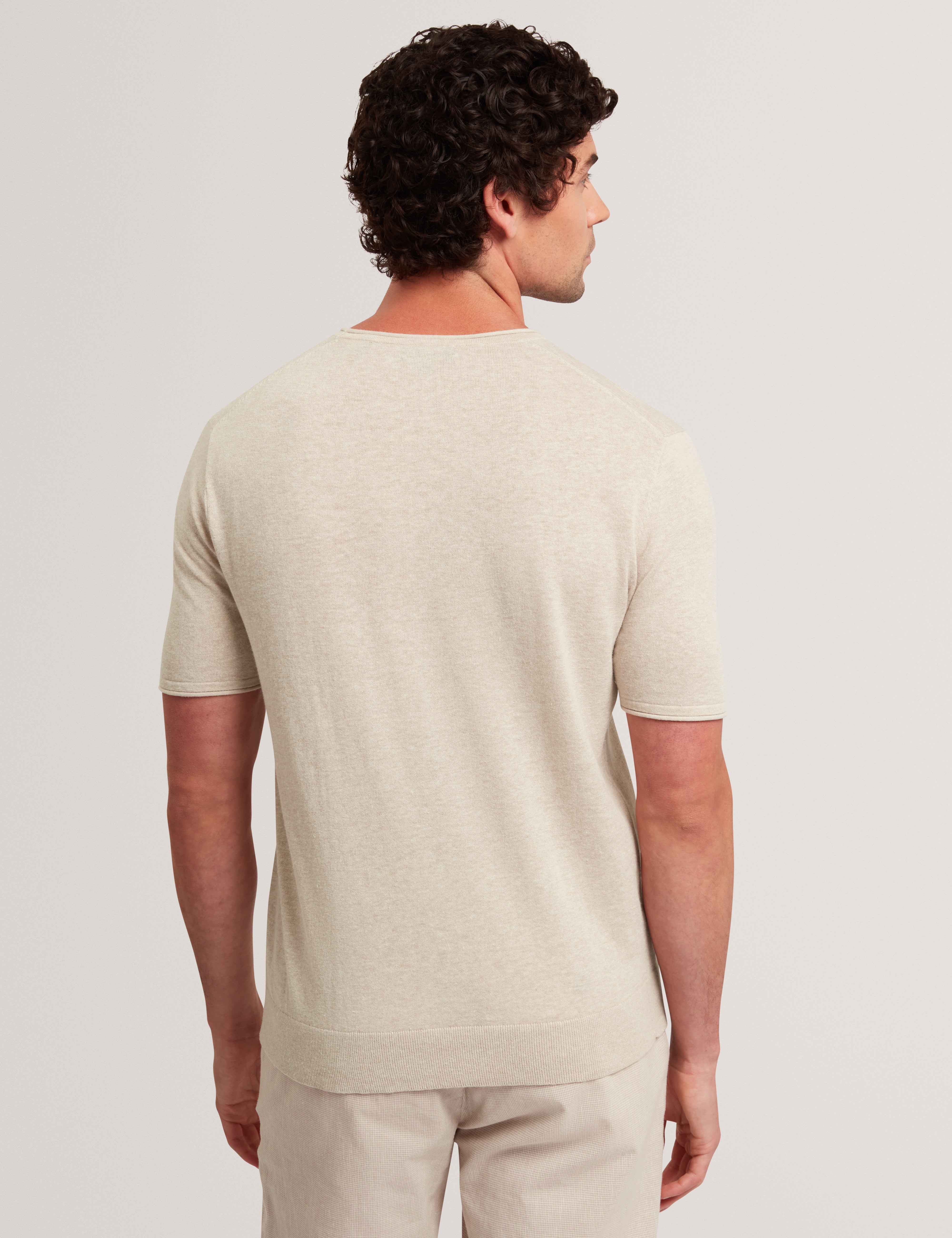 Curran Short Sleeve Linen Blend Roll Edge T-Shirt Taupe