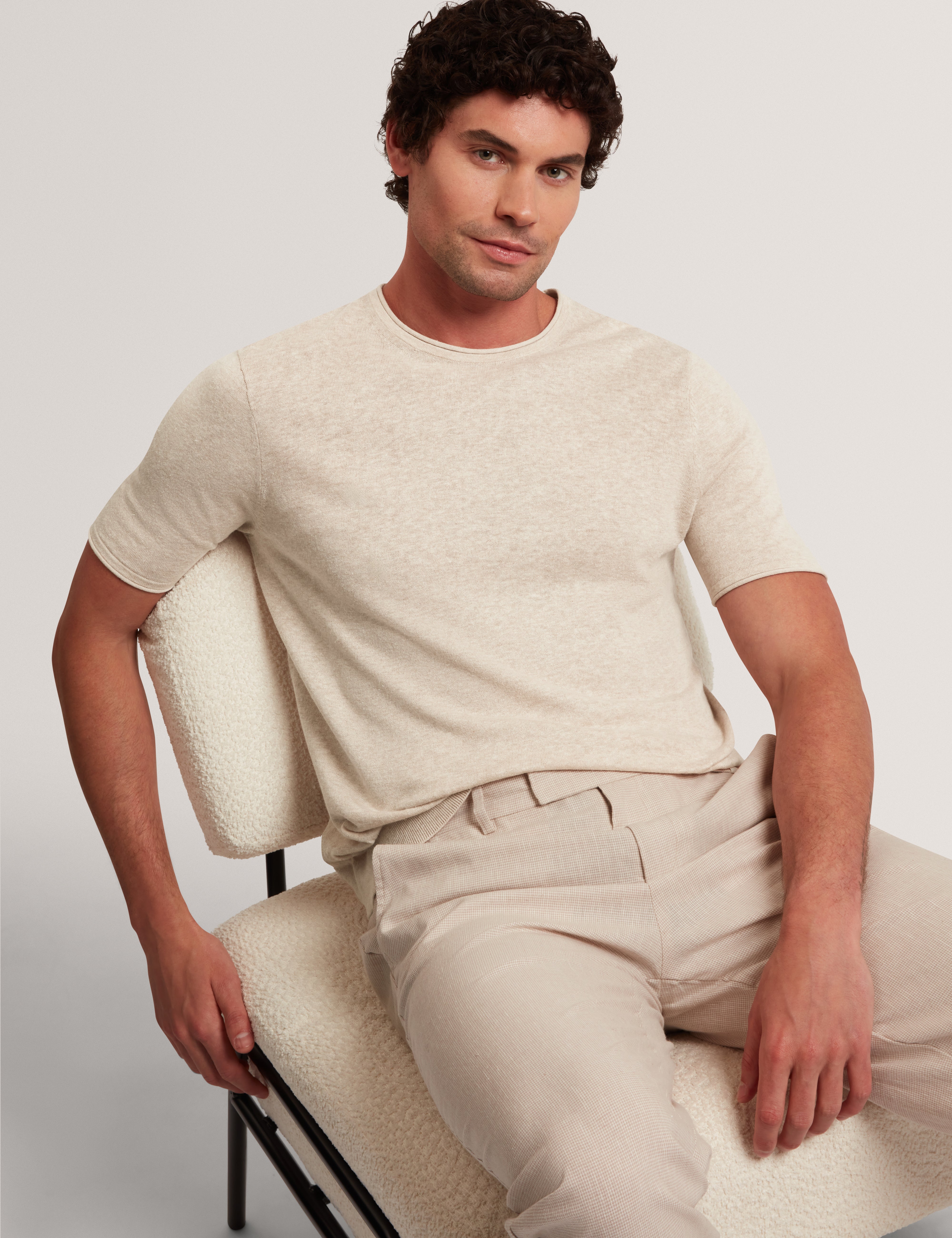 Curran Short Sleeve Linen Blend Roll Edge T-Shirt Taupe