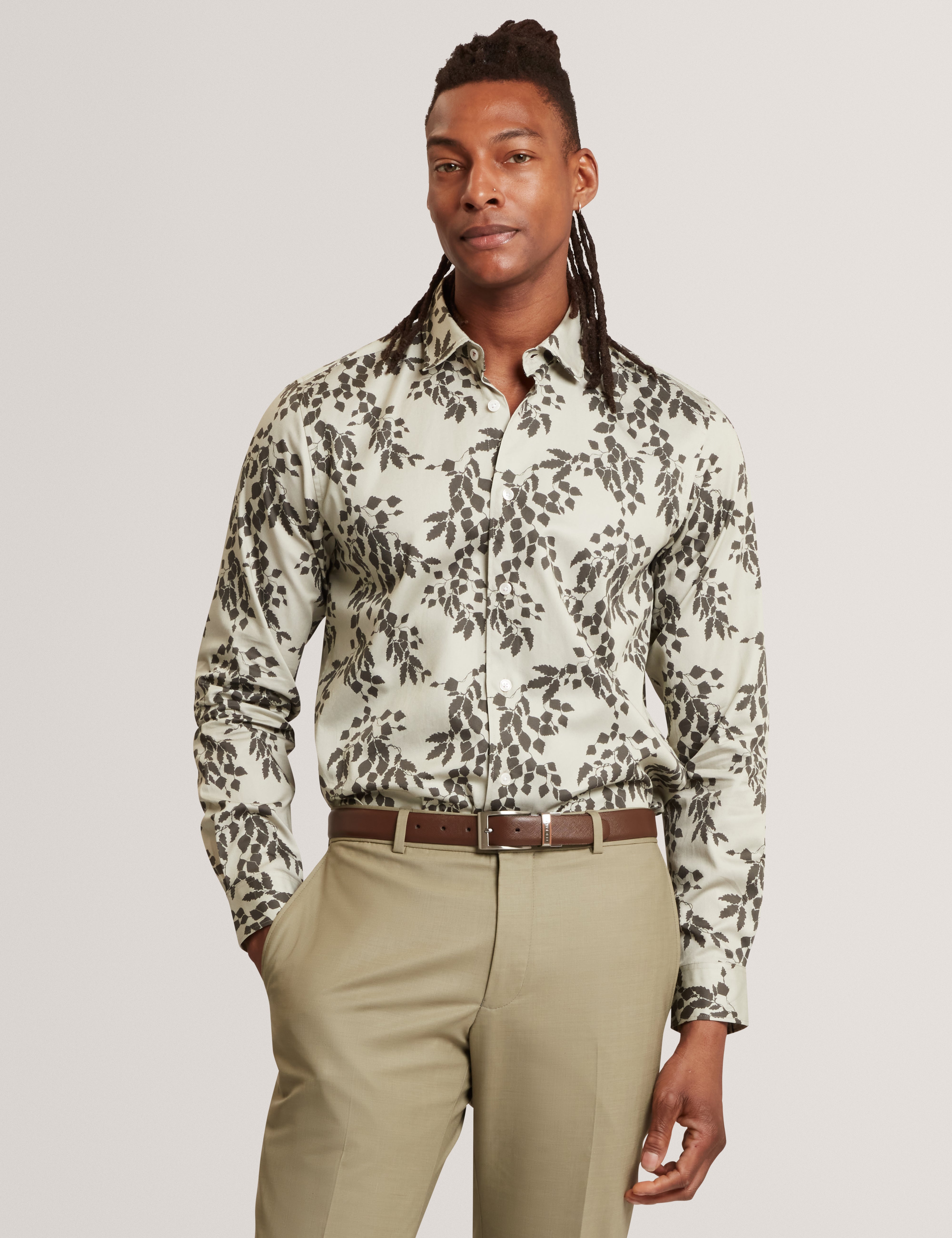 Dornan Long Sleeve Regular Shadow Leaf Print Lt-Green