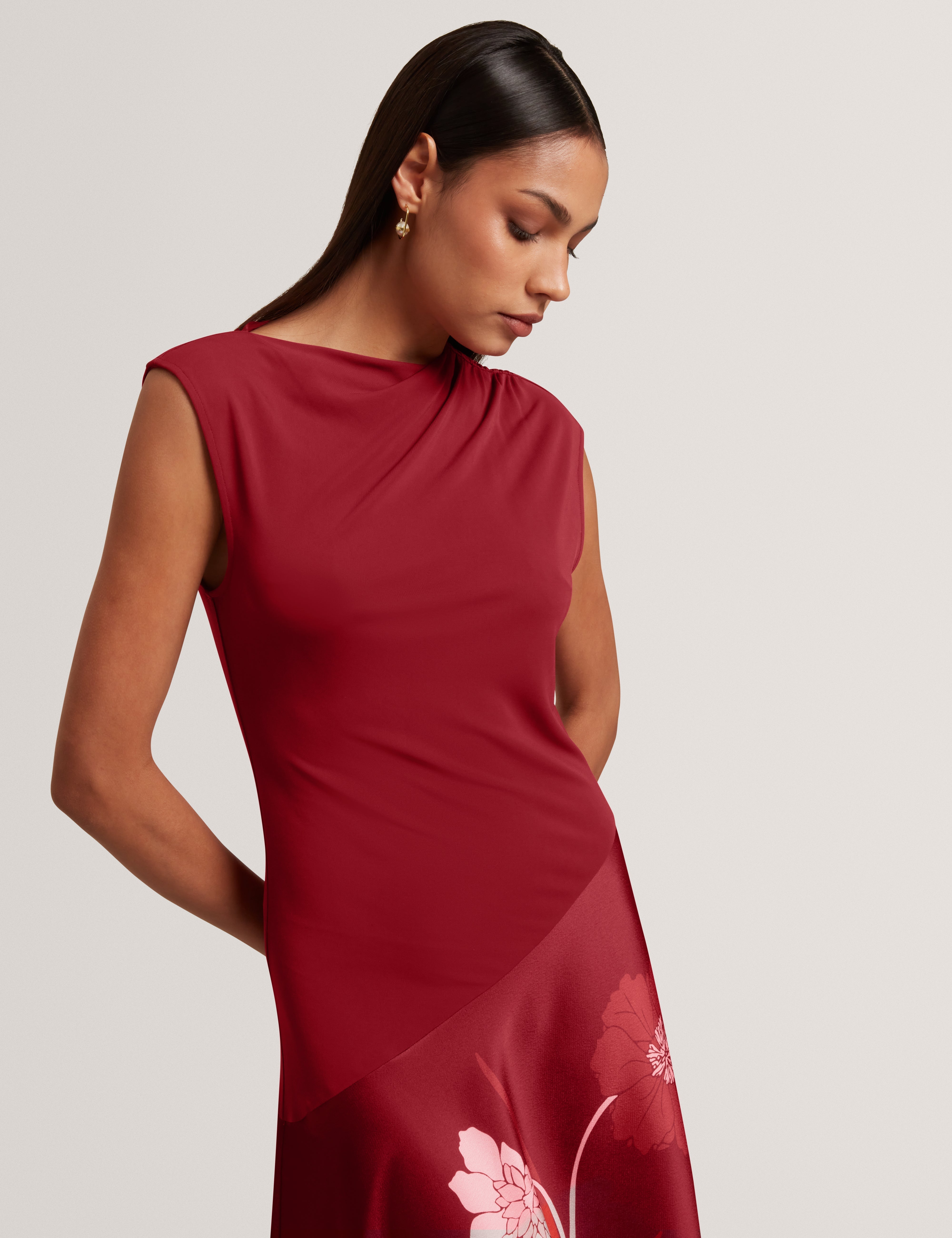 Aulya Printed Jersey Midi Dress With Satin Skirt Dk-Red