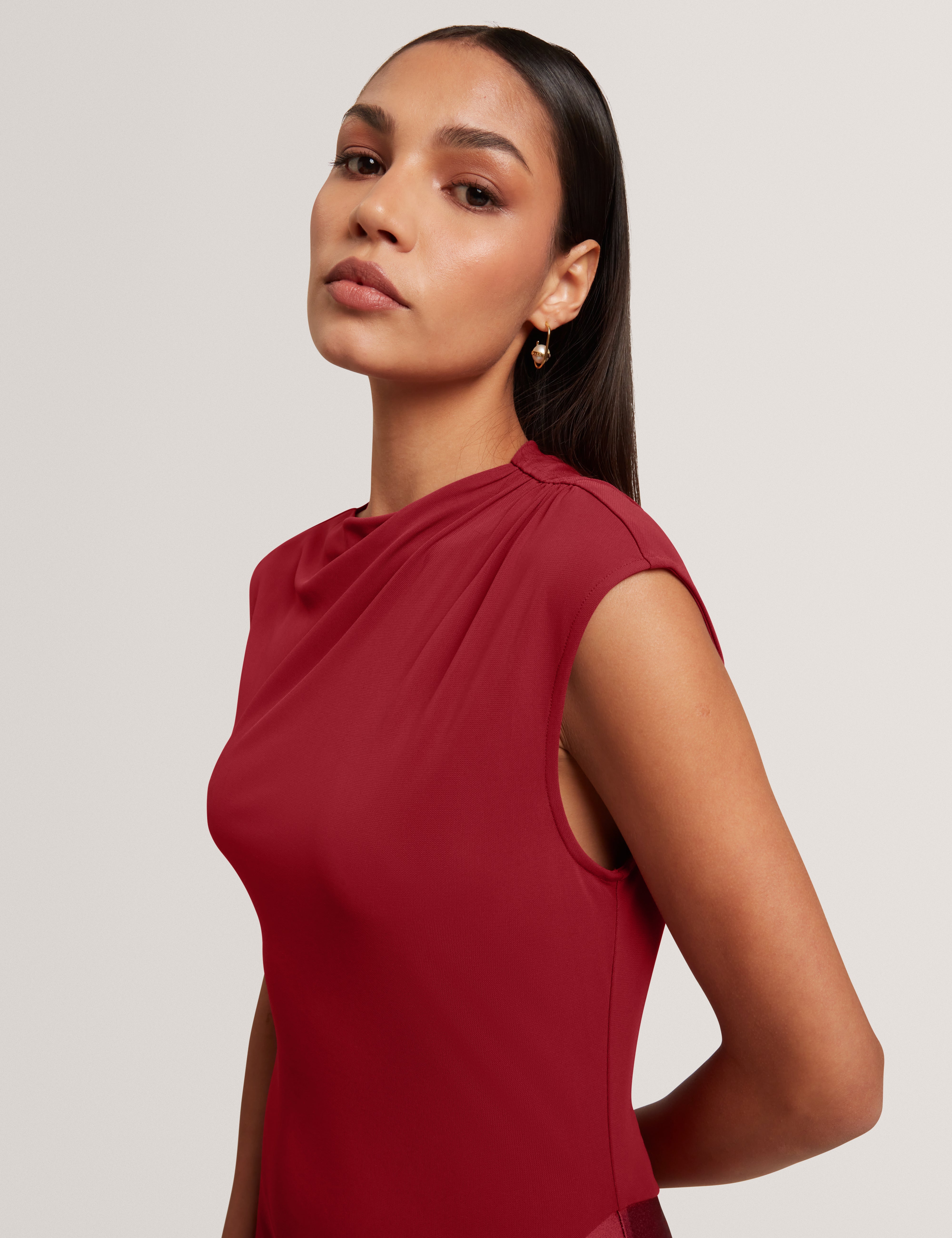 Aulya Printed Jersey Midi Dress With Satin Skirt Dk-Red