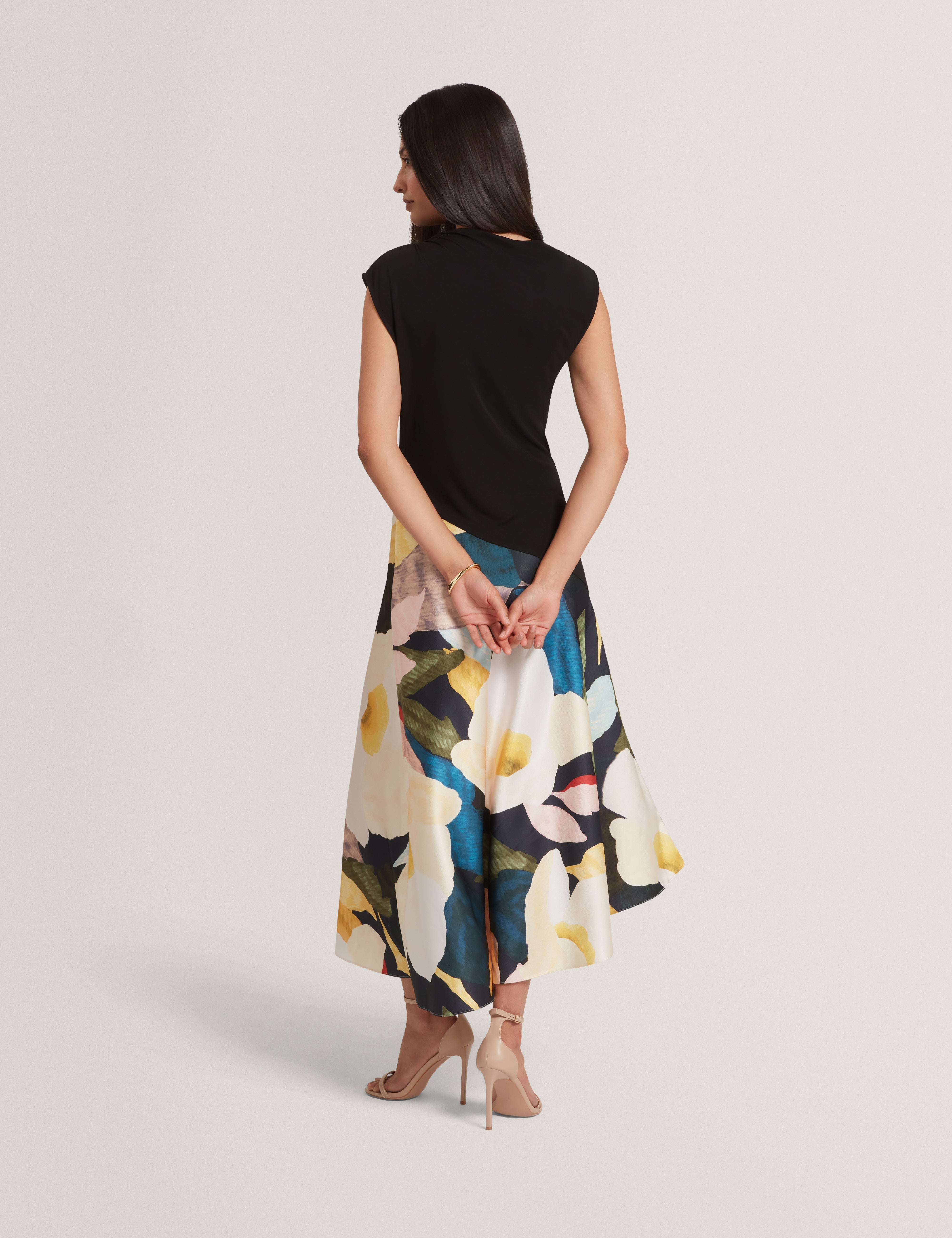 Aeslyn Printed Jersey Midi Dress With Satin Skirt Black