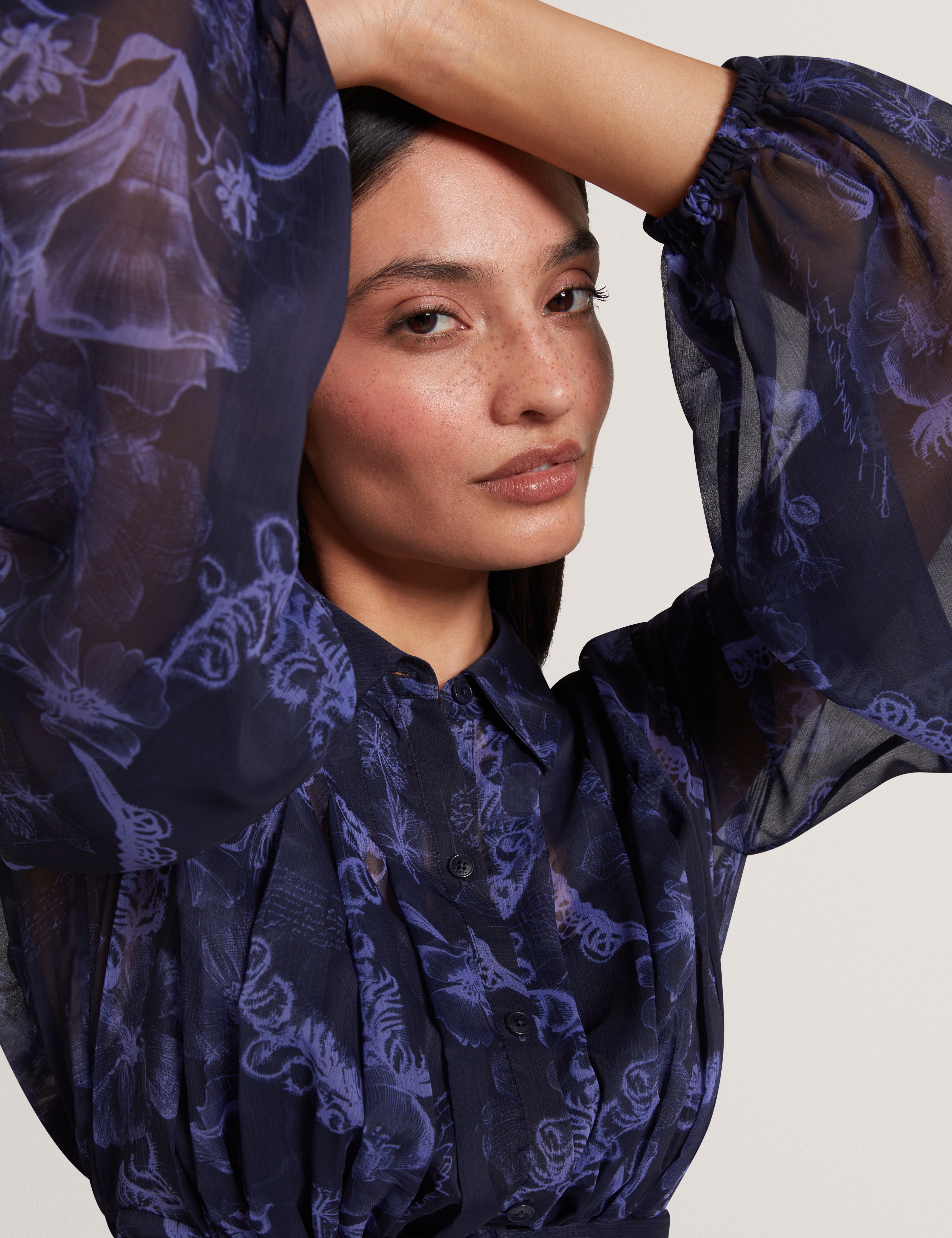 Oskana Pleated Midi Printed Shirt Dress Navy
