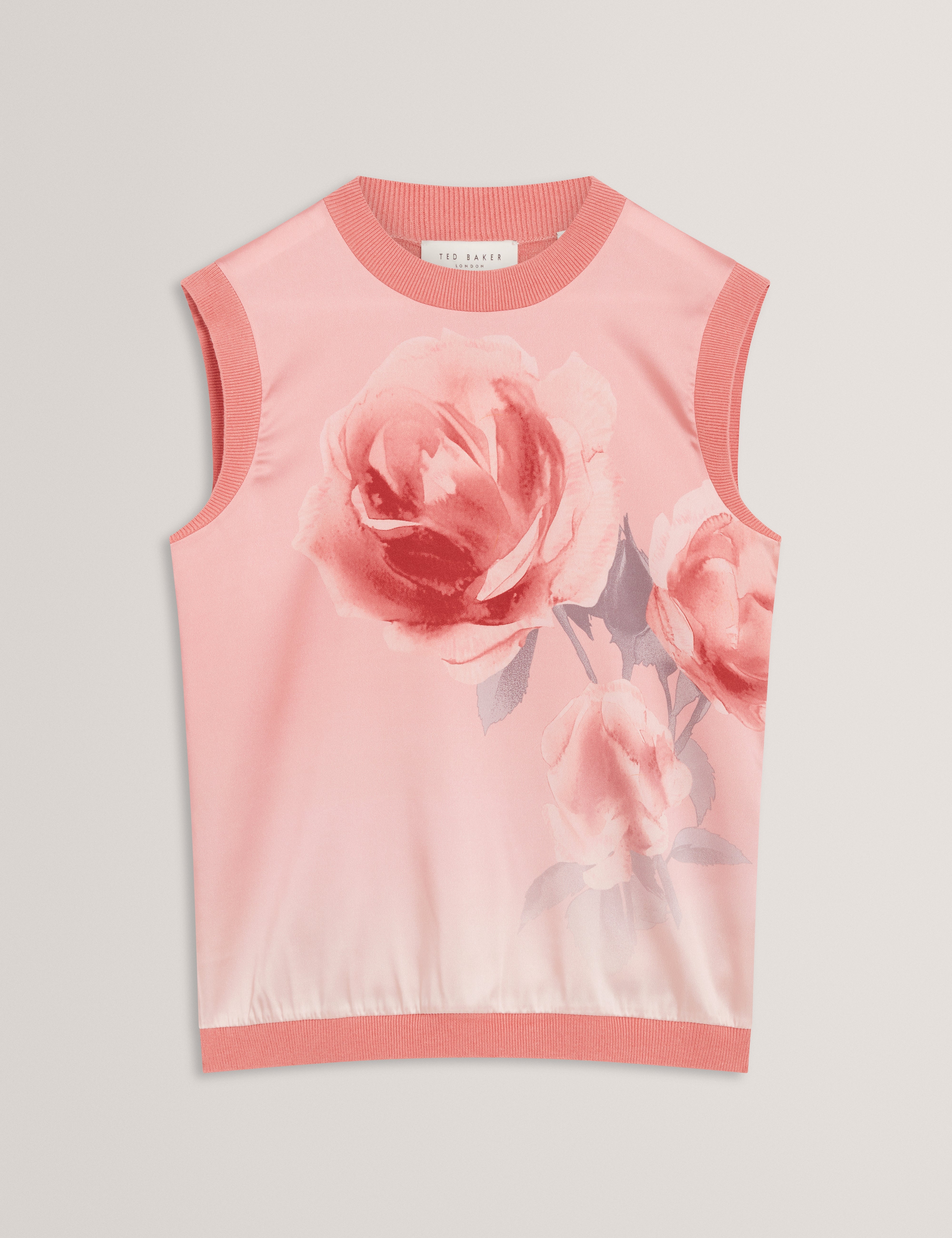 Lysia Floral Printed Woven Front Knit Tank Coral