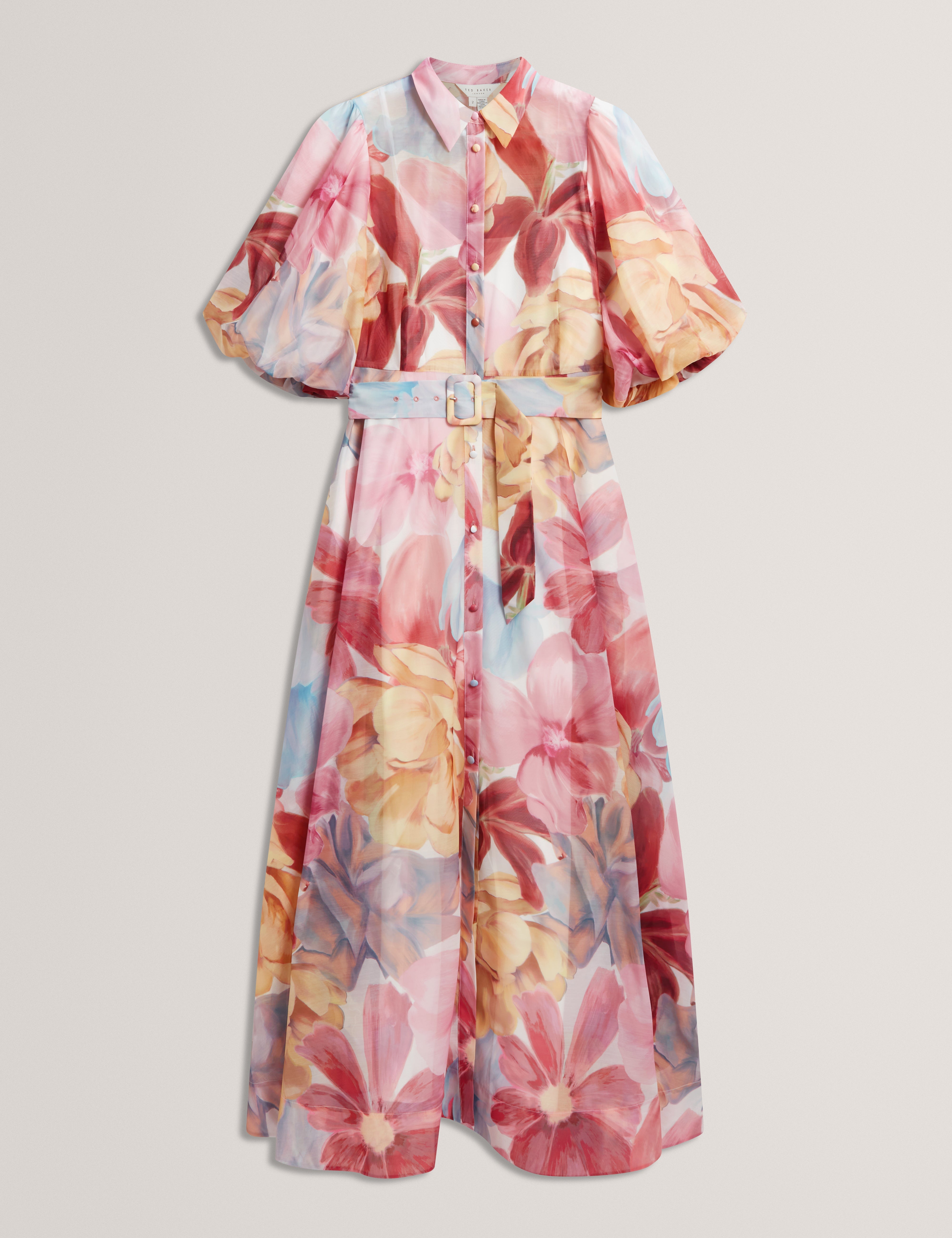 فستان قميص متوسط ​​الطول مطبوع عليه زهور بأكمام منفوخة من سوليني، لون عاجي