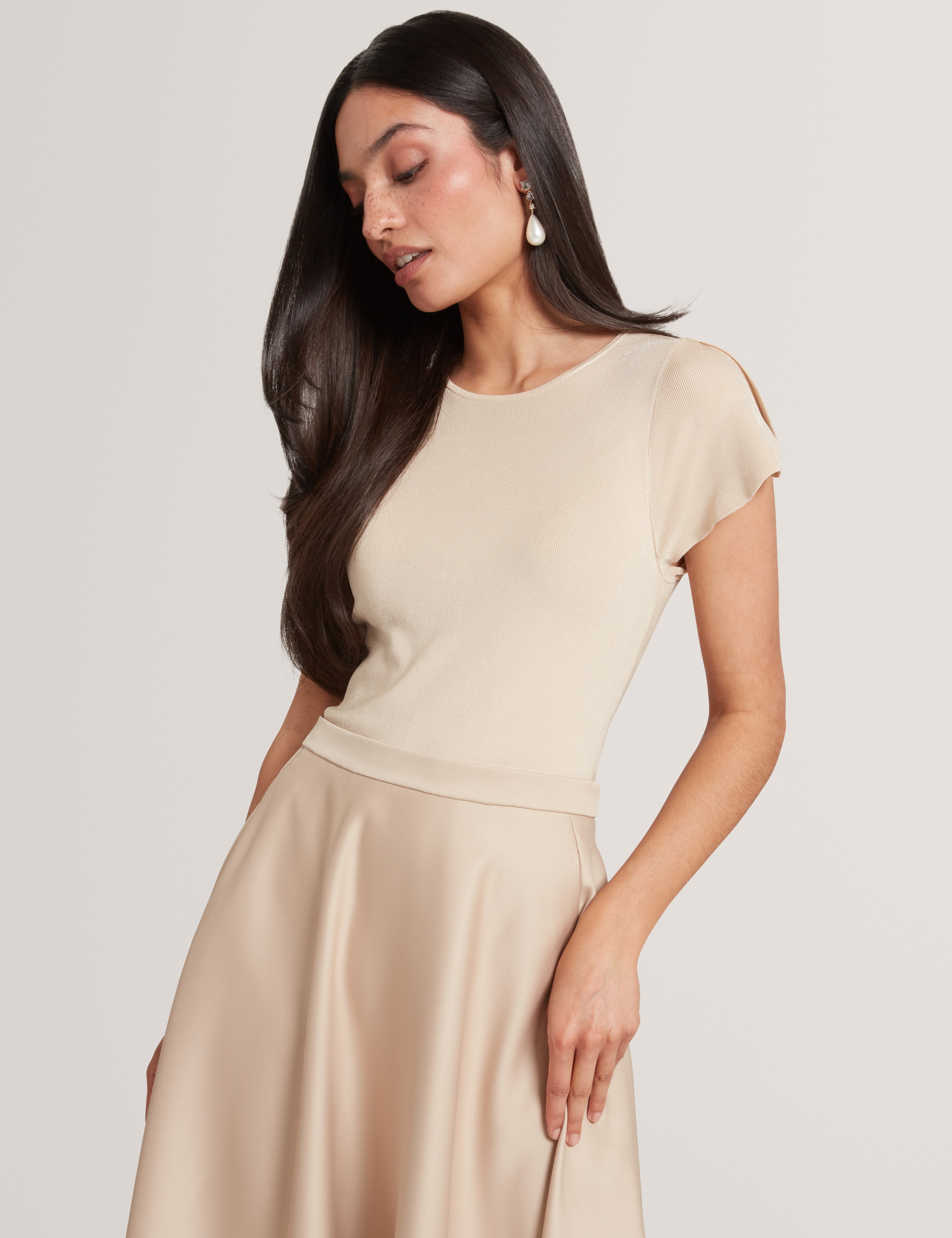 Calyne Tulip Sleeve Mockable Midi Dress Natural