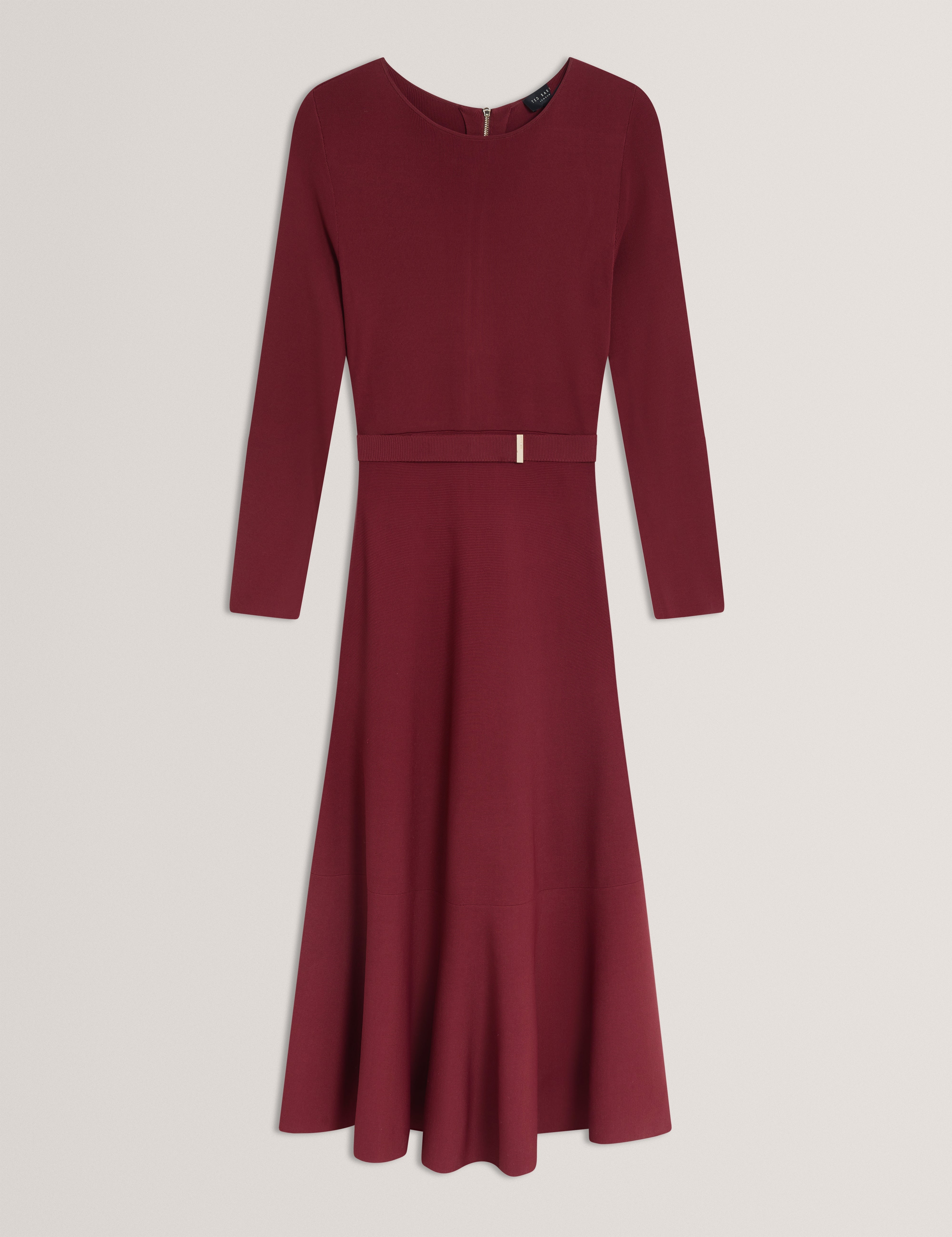 Talmah Long Sleeve Belted Knitted Midi Dress Maroon