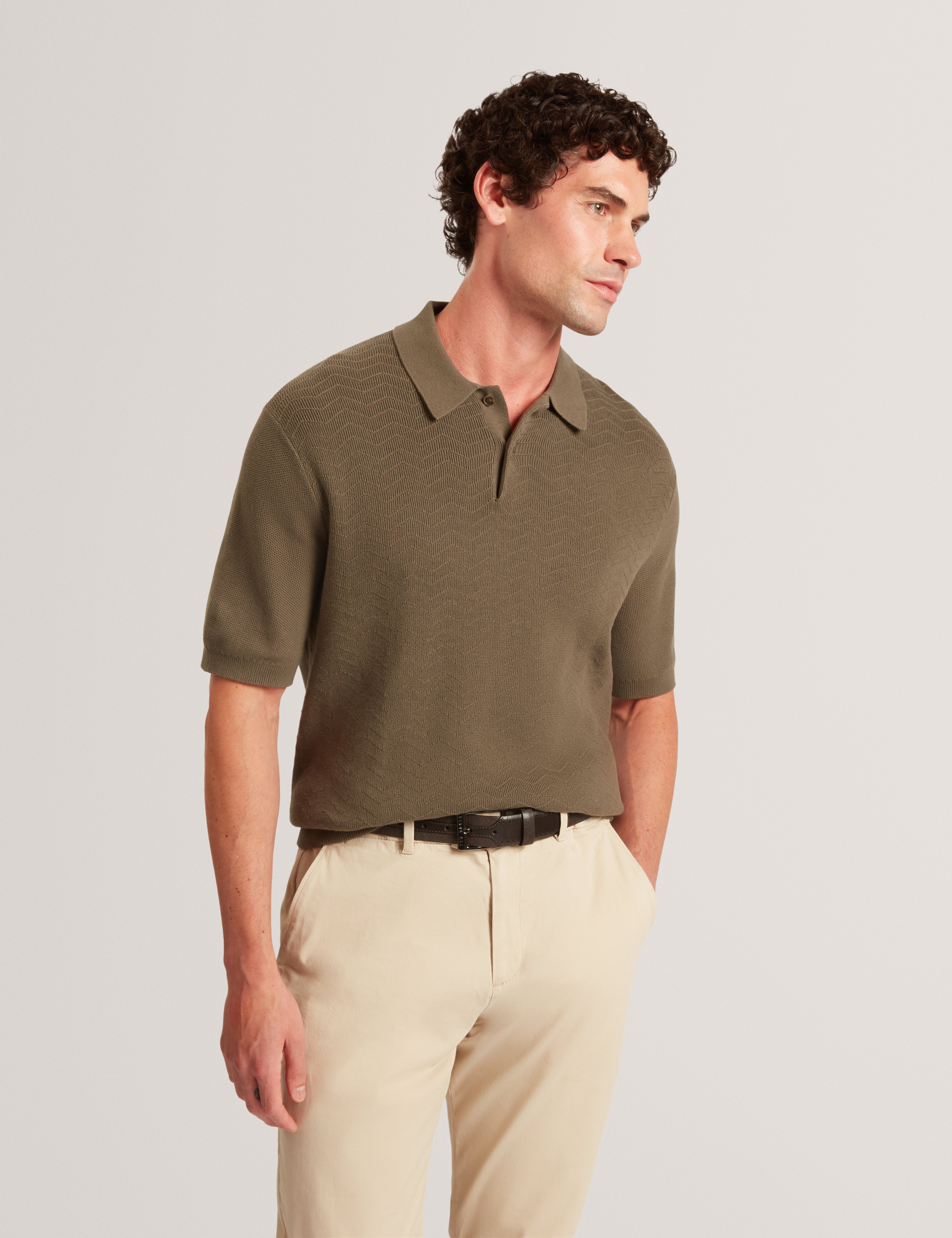 Hamels Short Sleeve Mixed Stitch Button Polo Olive