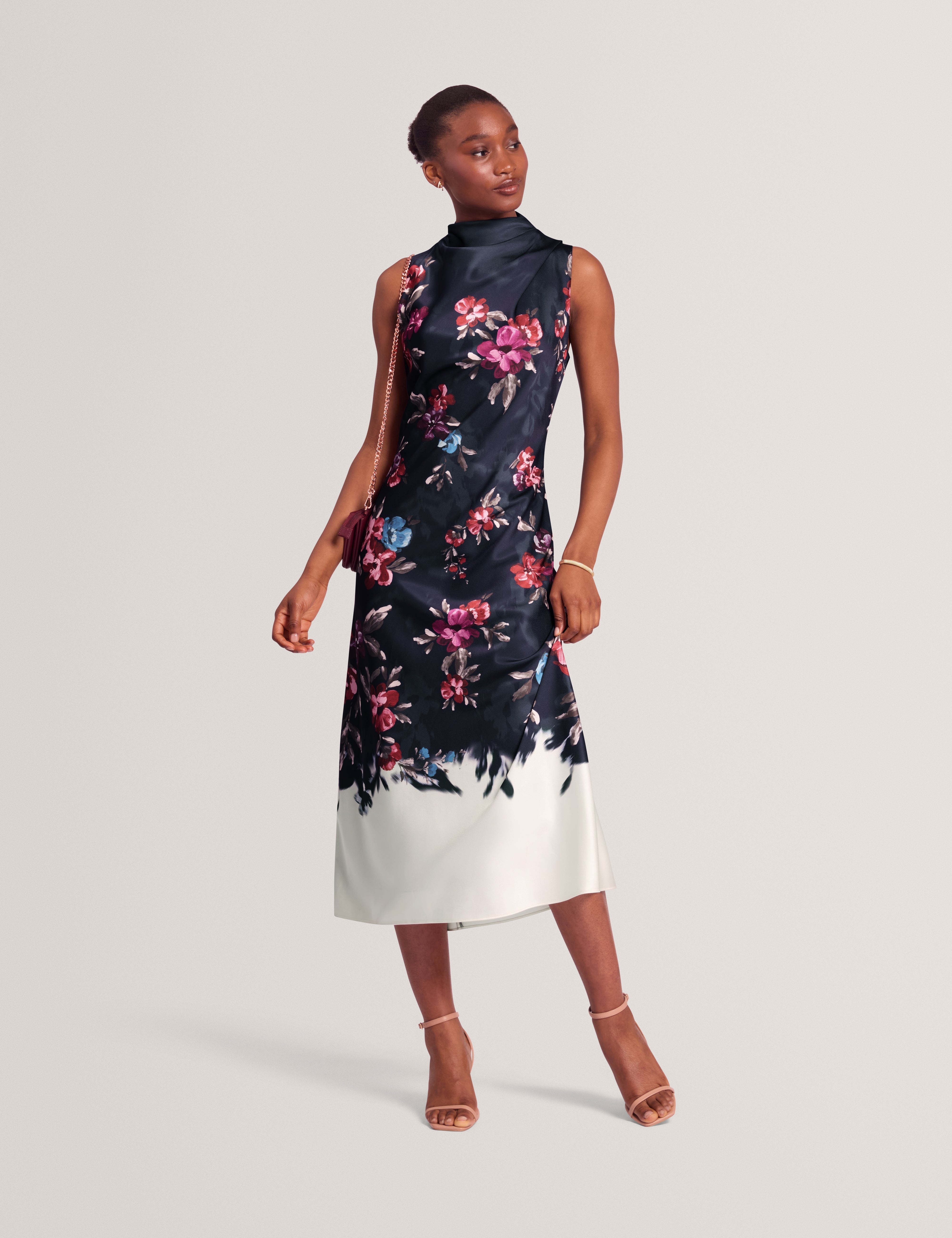 Wickla Floral Printed Drape Neck Midi Dress Navy