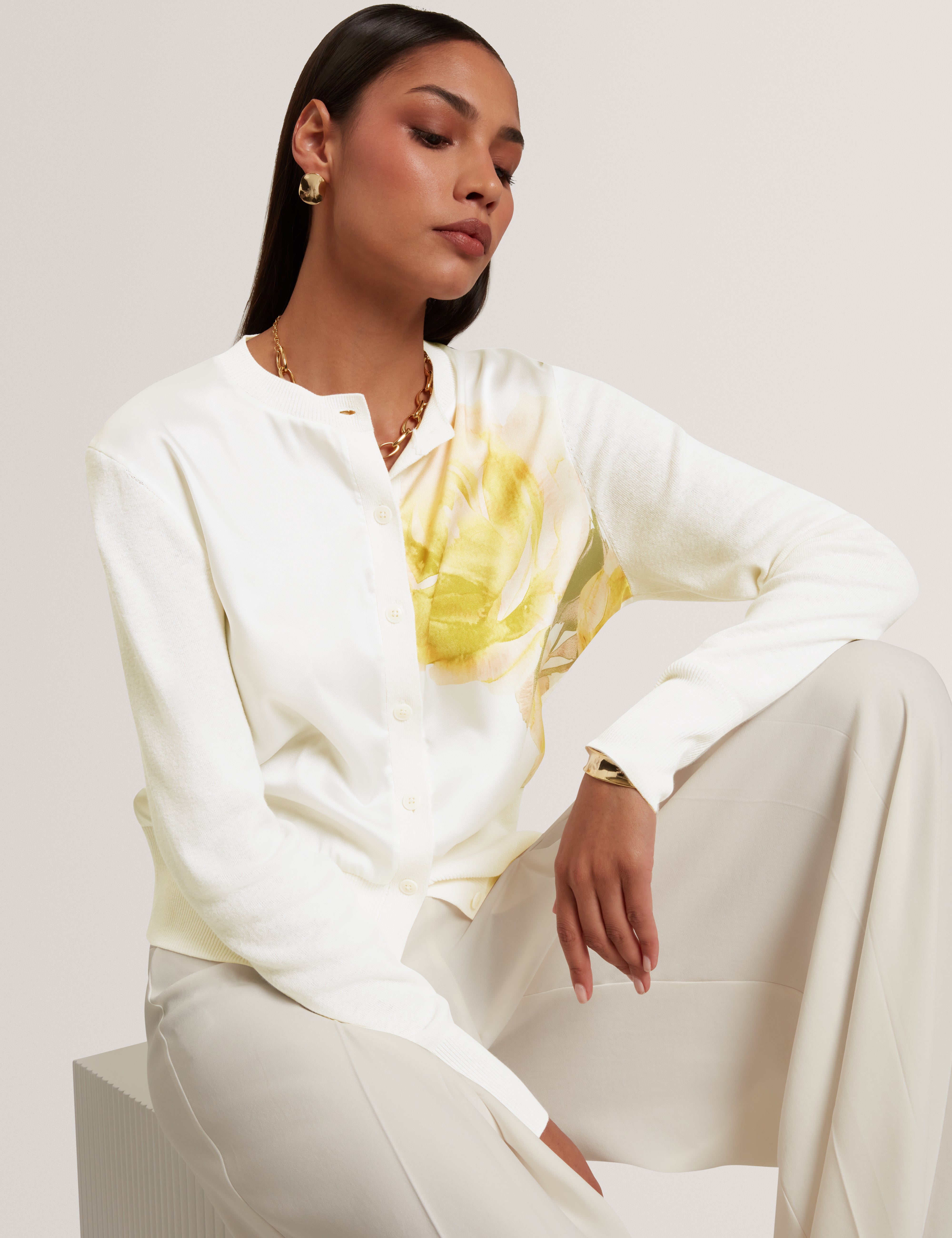 Isalda Printed Woven Front Cardigan Ivory