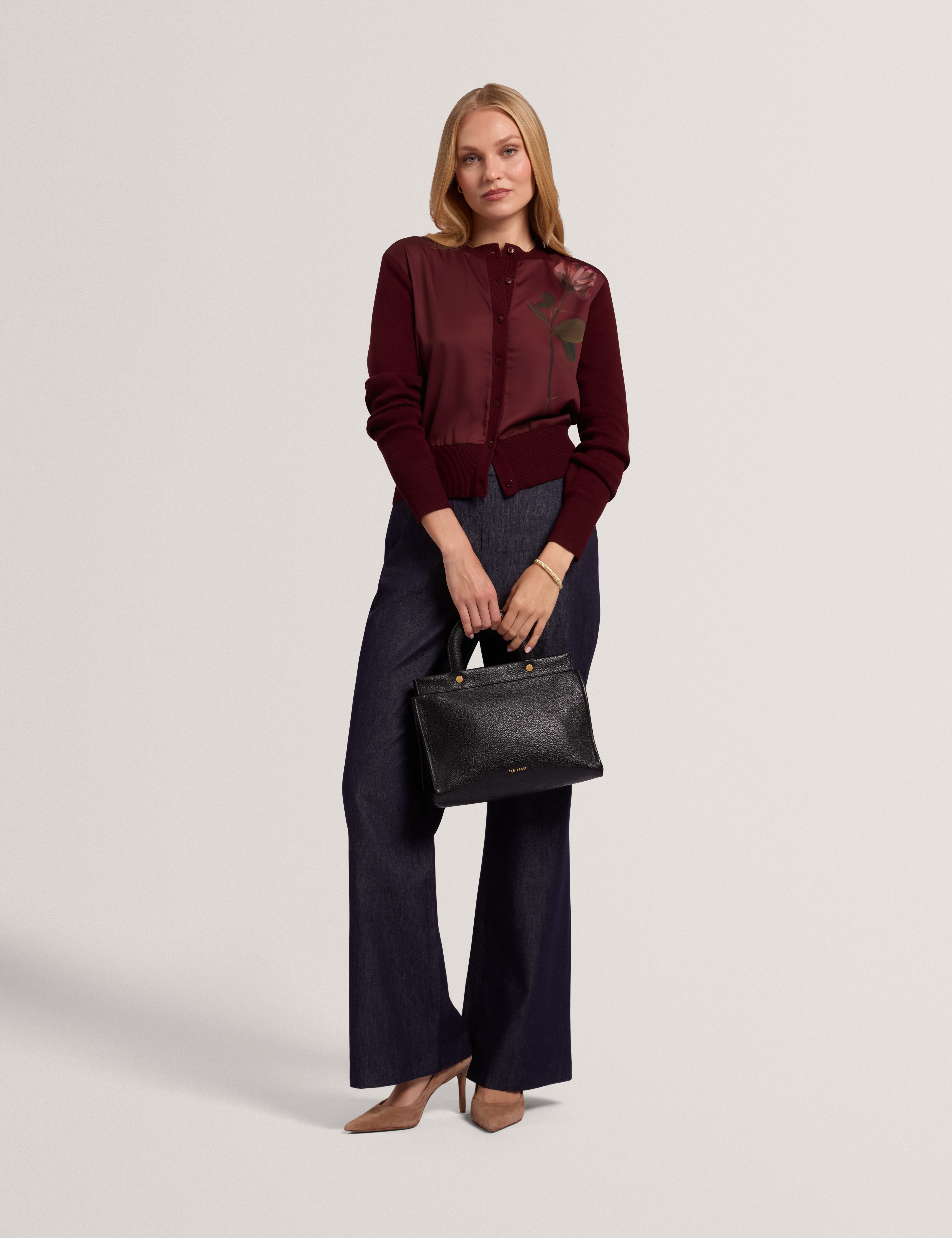 Nolya Floral Printed Woven Front Cardigan Maroon