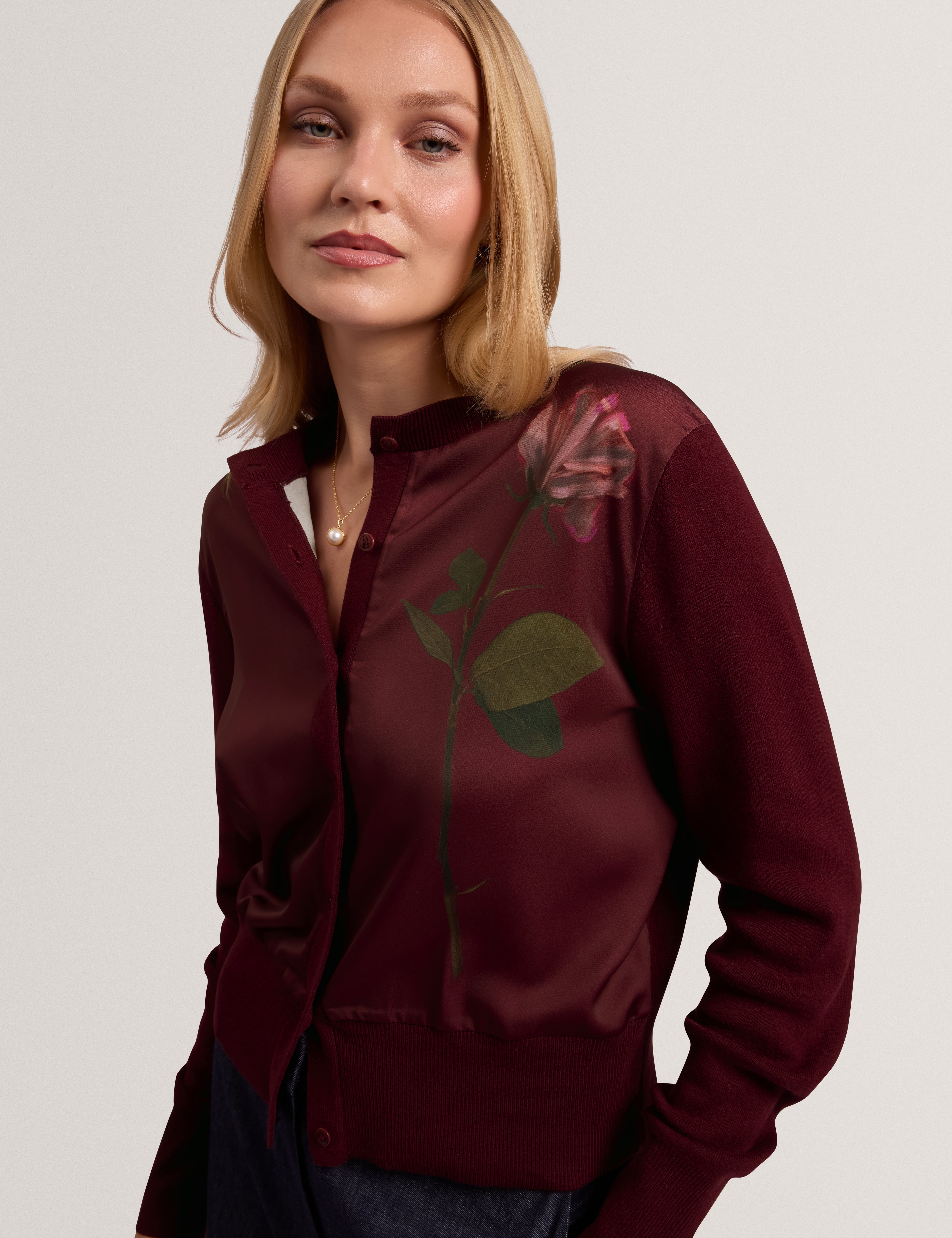 Nolya Floral Printed Woven Front Cardigan Maroon