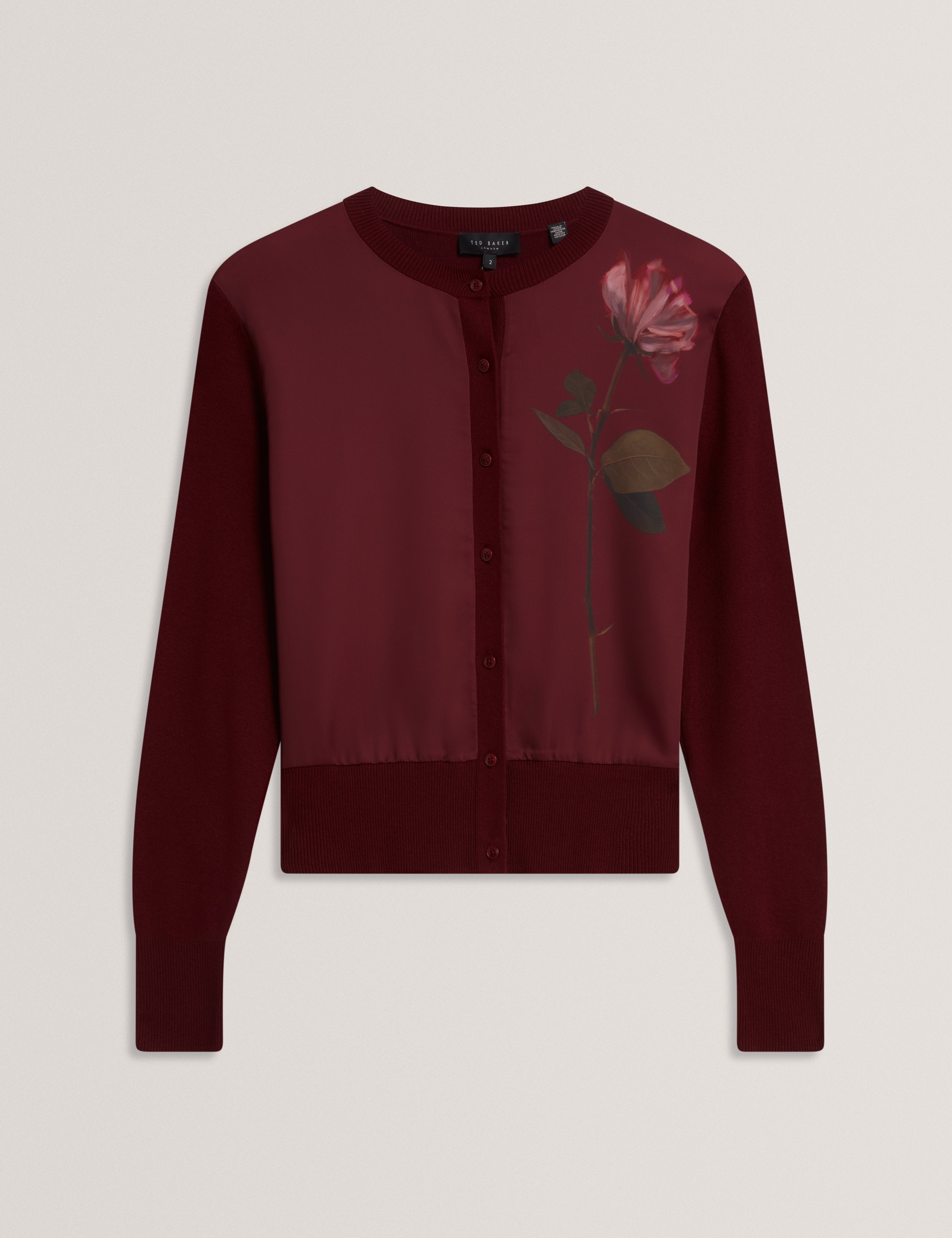 Nolya Floral Printed Woven Front Cardigan Maroon