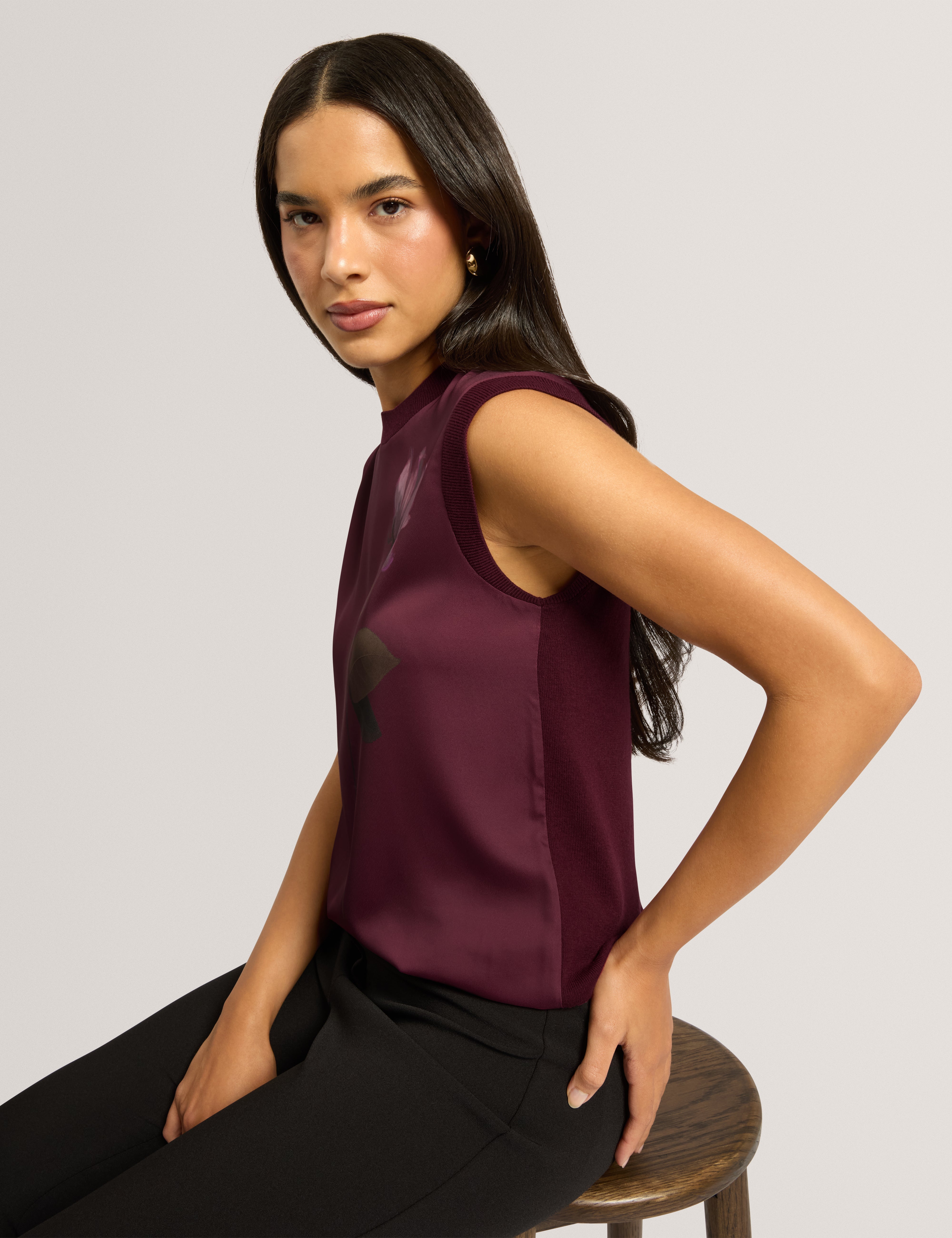 Naleia Floral Printed Woven Front Tank Maroon