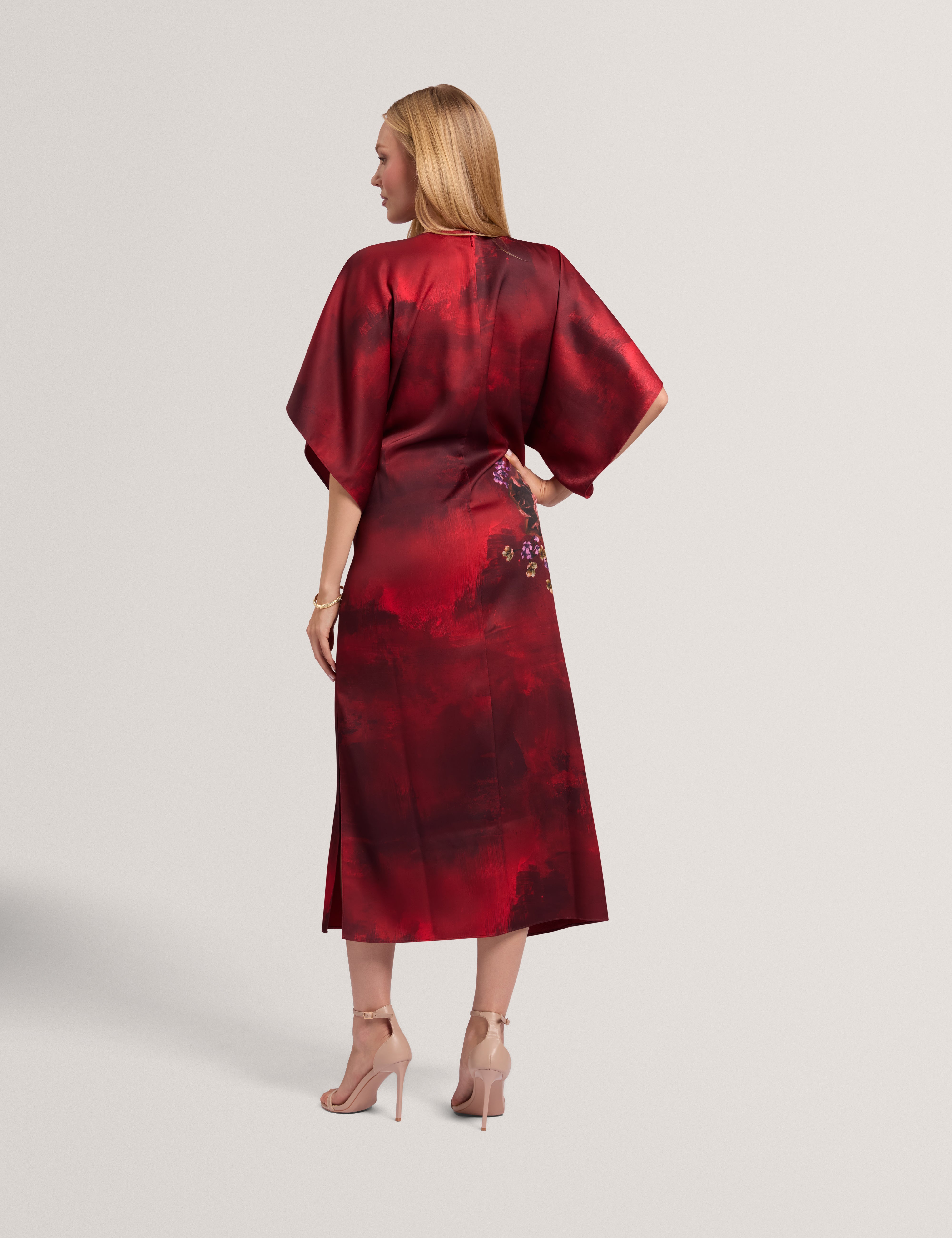 Meerai Floral Printed Bat Wing Midi Dress Red