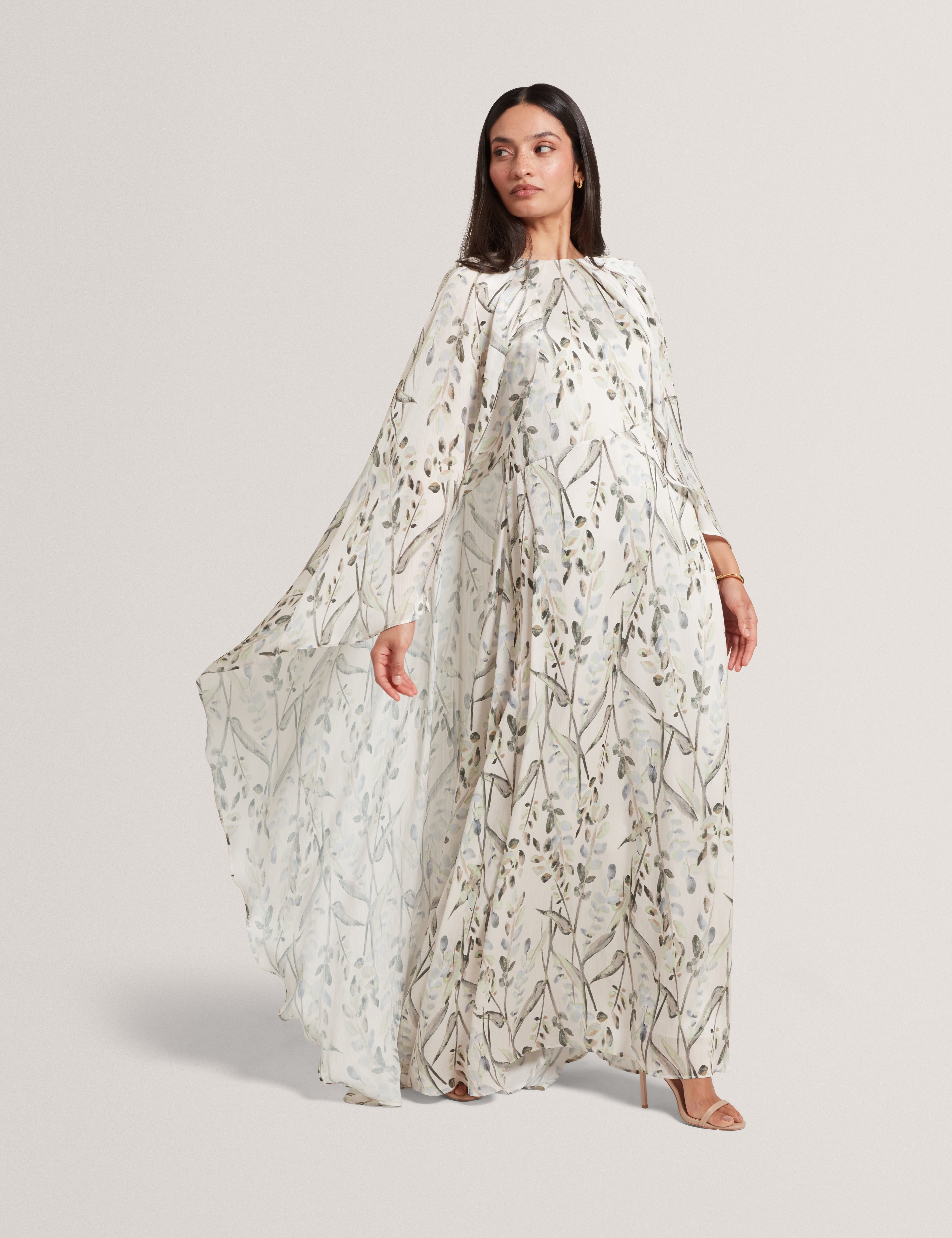 Gildaa Printed Cape Detail Maxi Dress Natural