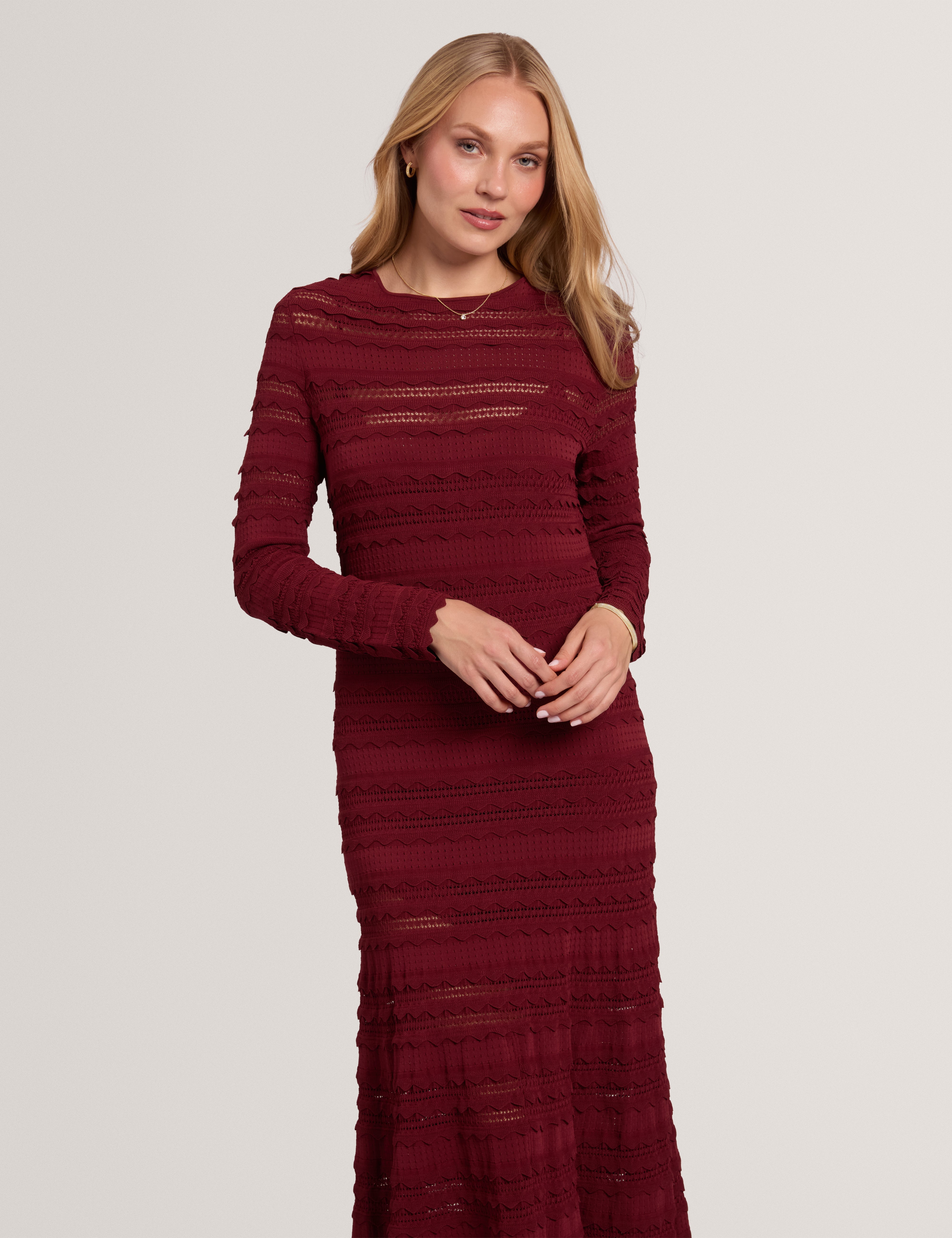 Kaseya Long Sleeve Knitted Midi Dress Maroon