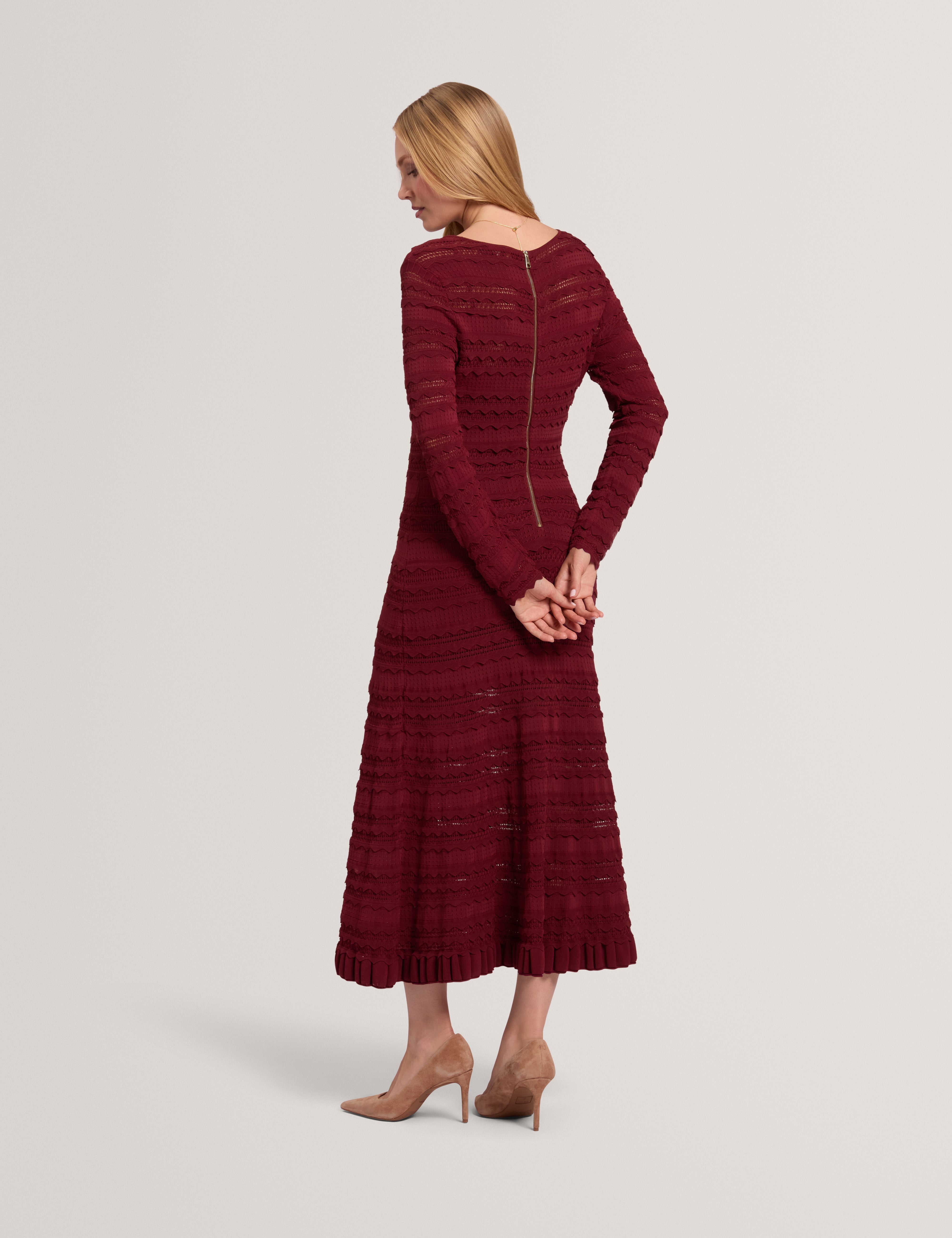 Kaseya Long Sleeve Knitted Midi Dress Maroon