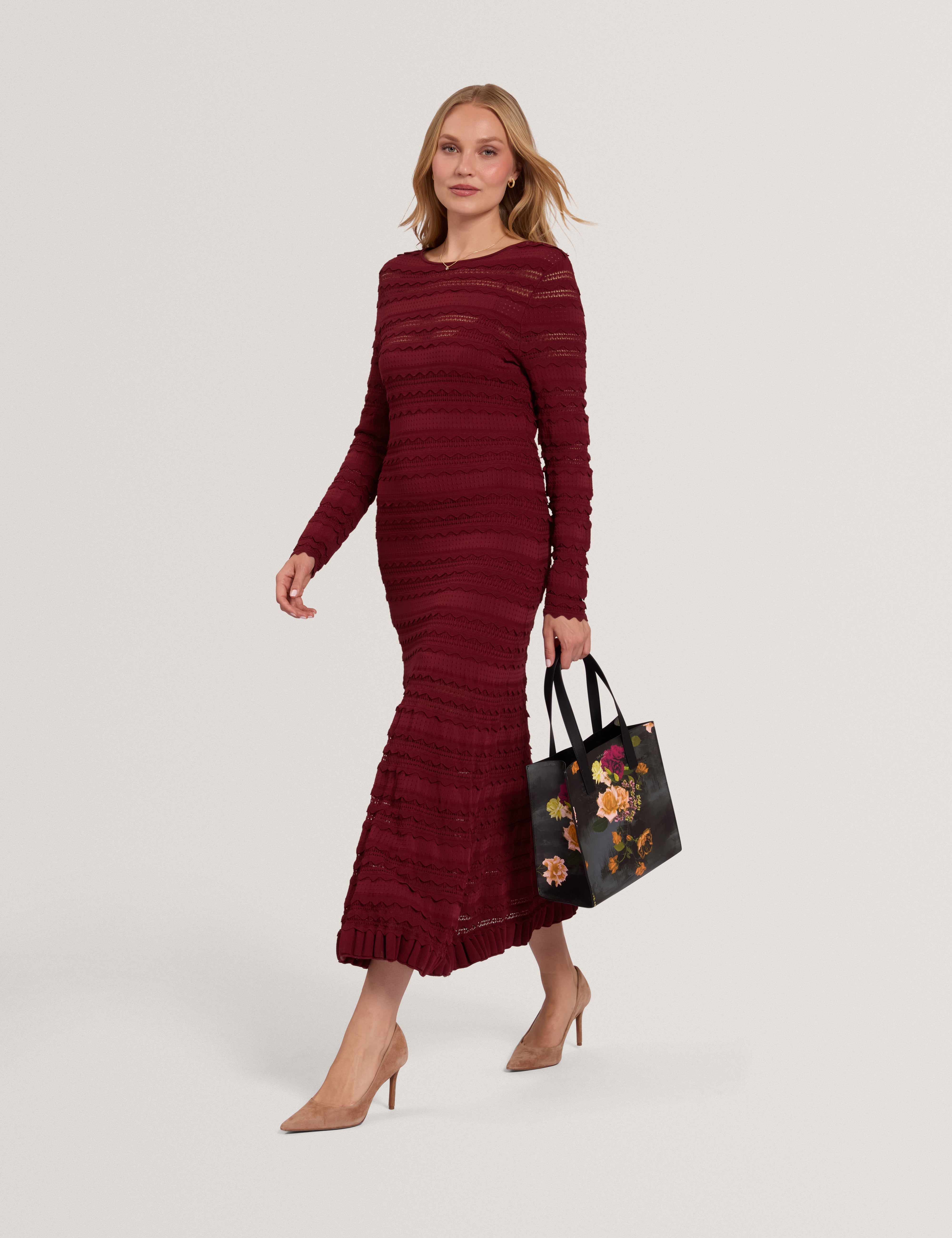 Kaseya Long Sleeve Knitted Midi Dress Maroon