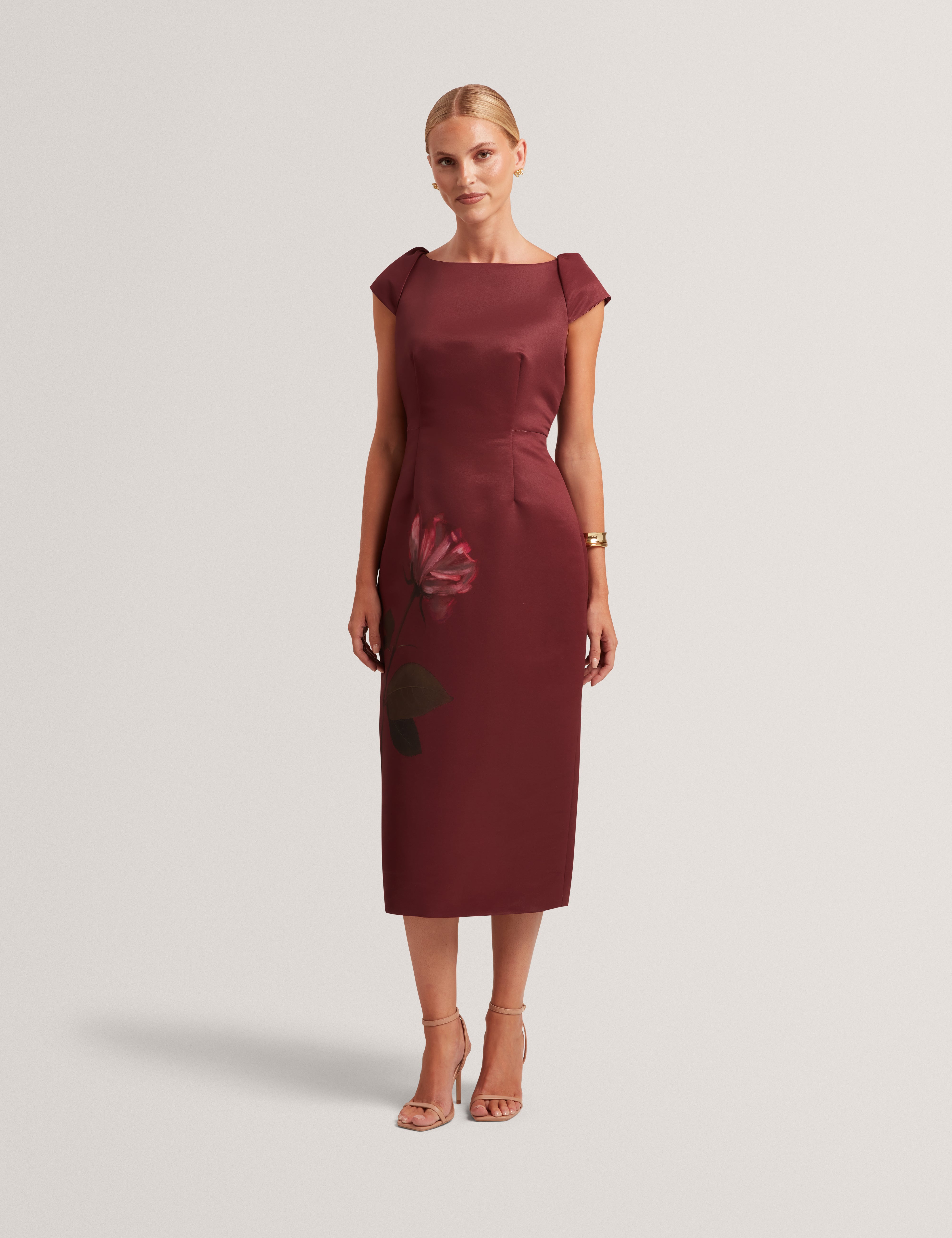 Relaa Printed Ottoman Midi Dress Maroon