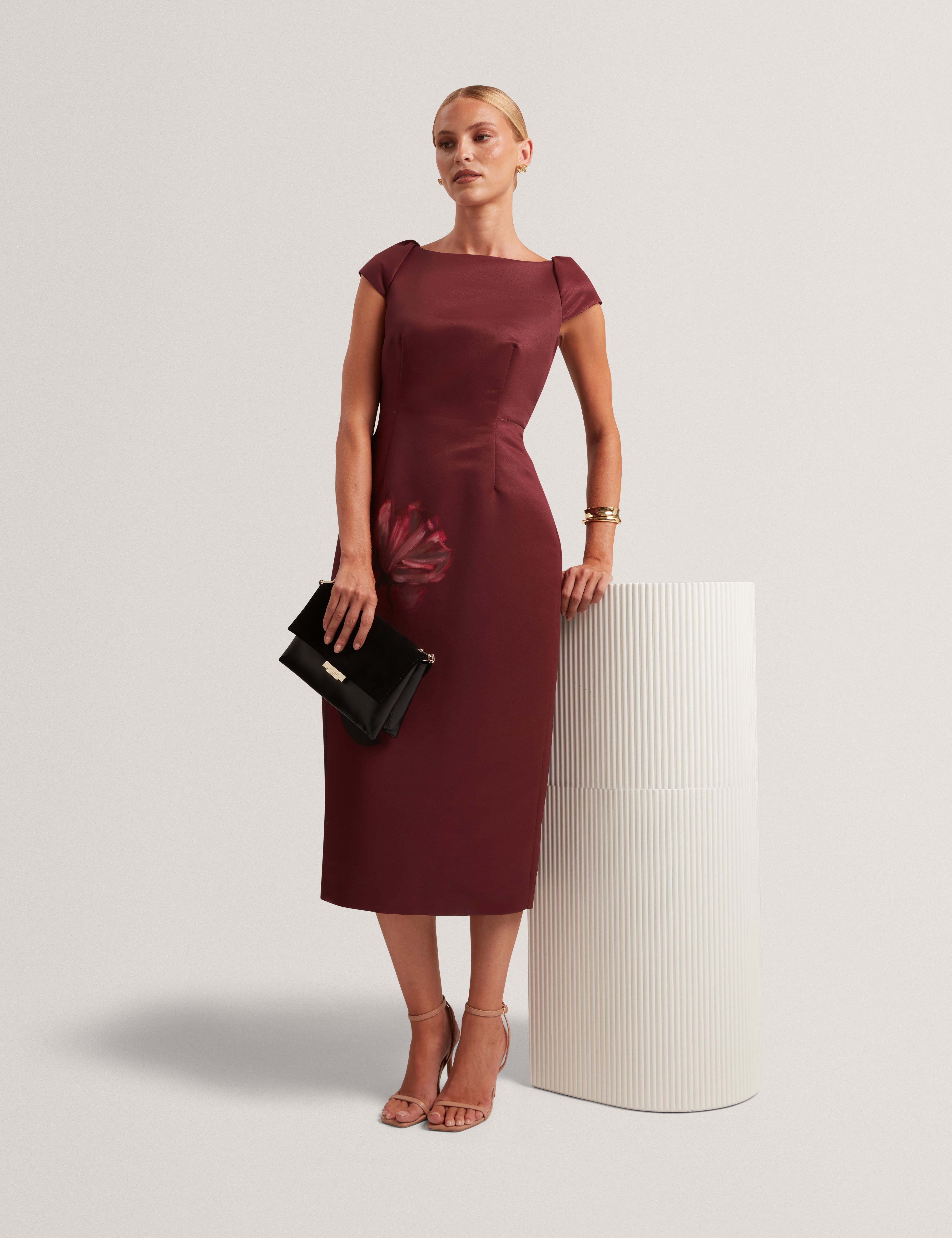 Relaa Printed Ottoman Midi Dress Maroon