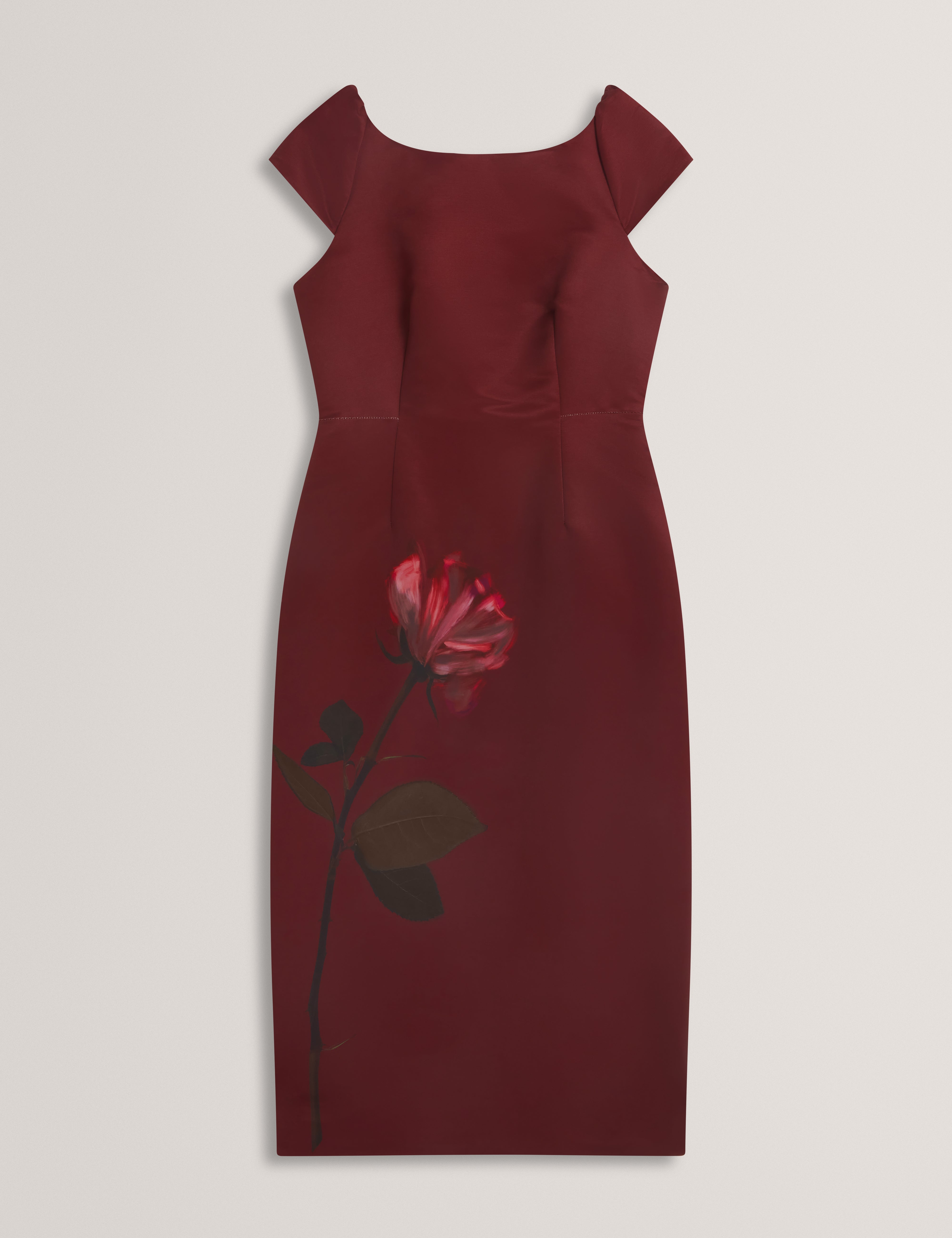 Relaa Printed Ottoman Midi Dress Maroon