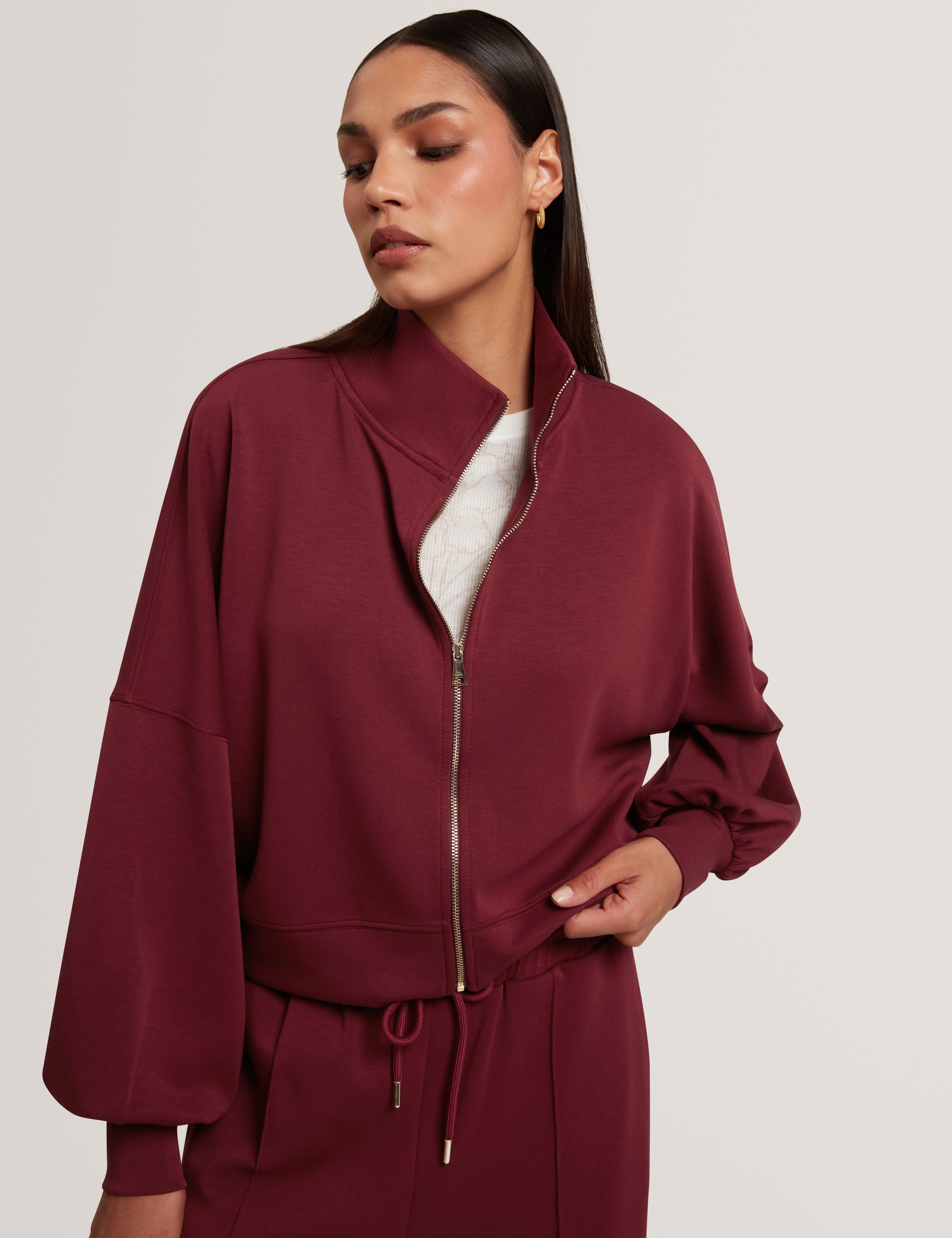 Arorha Zip Through Funnel Neck Sweat Top Maroon