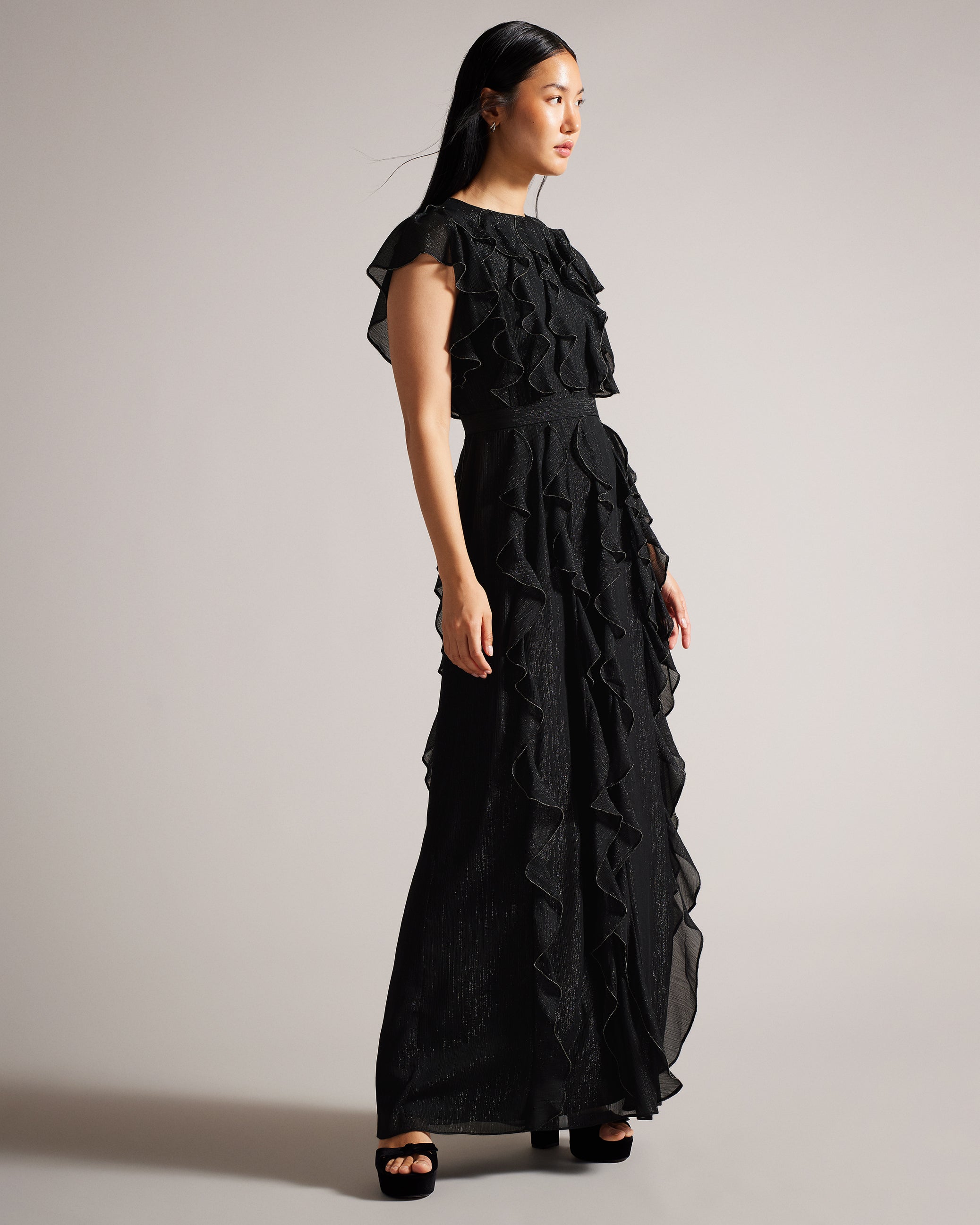 Hazzie Ruffle Maxi Dress With Metal Ball Black
