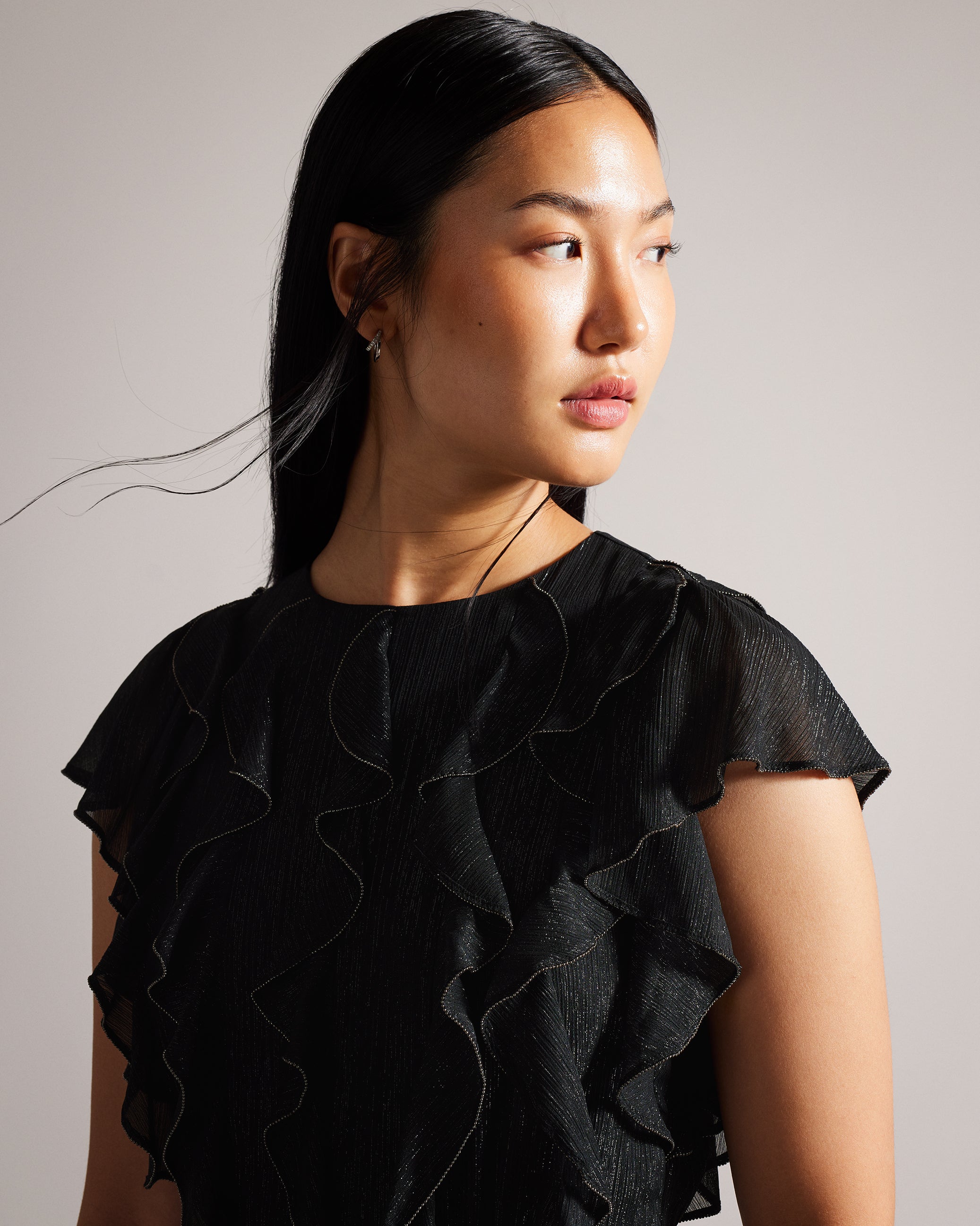 Hazzie Ruffle Maxi Dress With Metal Ball Black