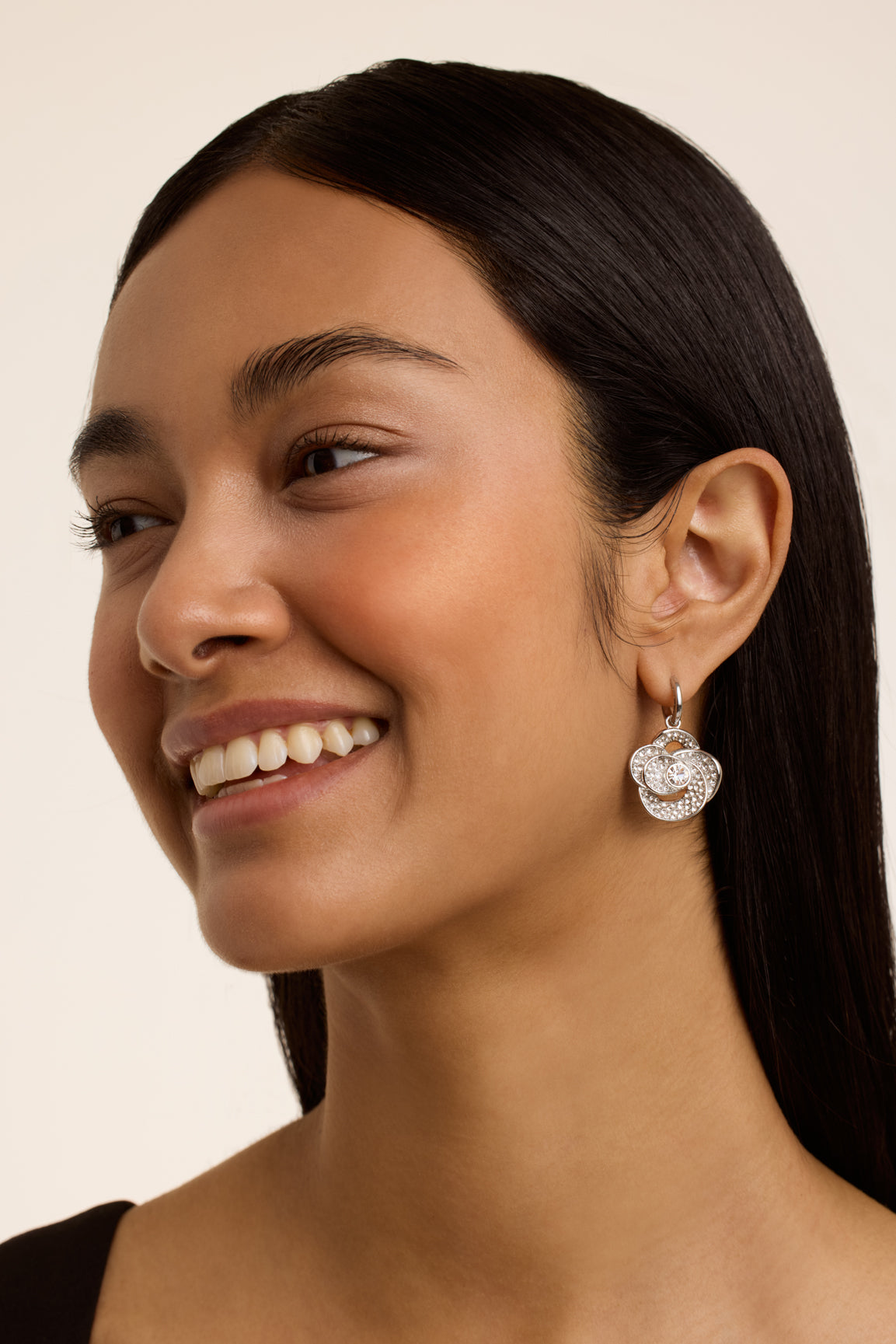 Florence Crystal Flower Huggie Earrings Silver