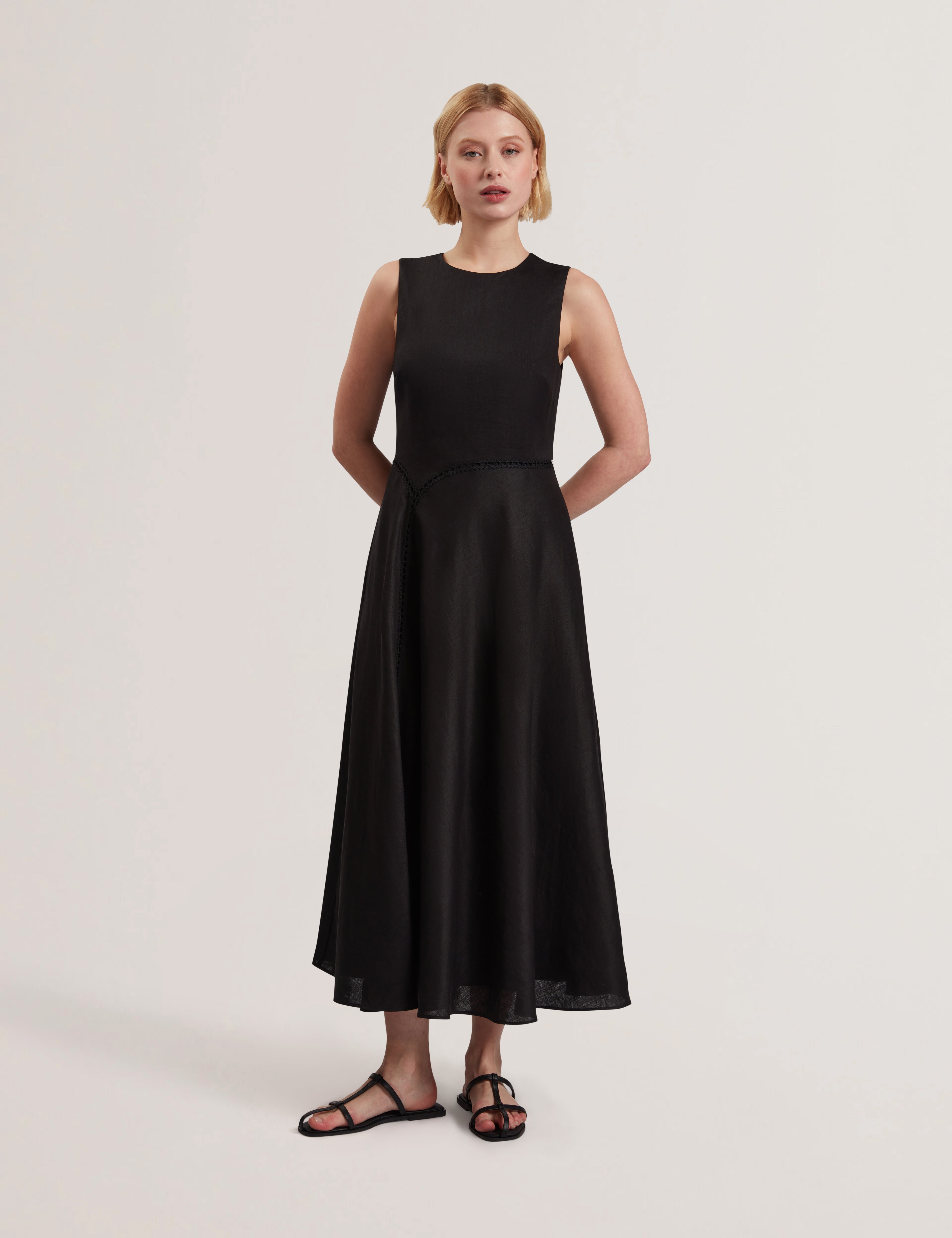 Uliaa Asymmetric Trim Detail Linen Midi Dress Black