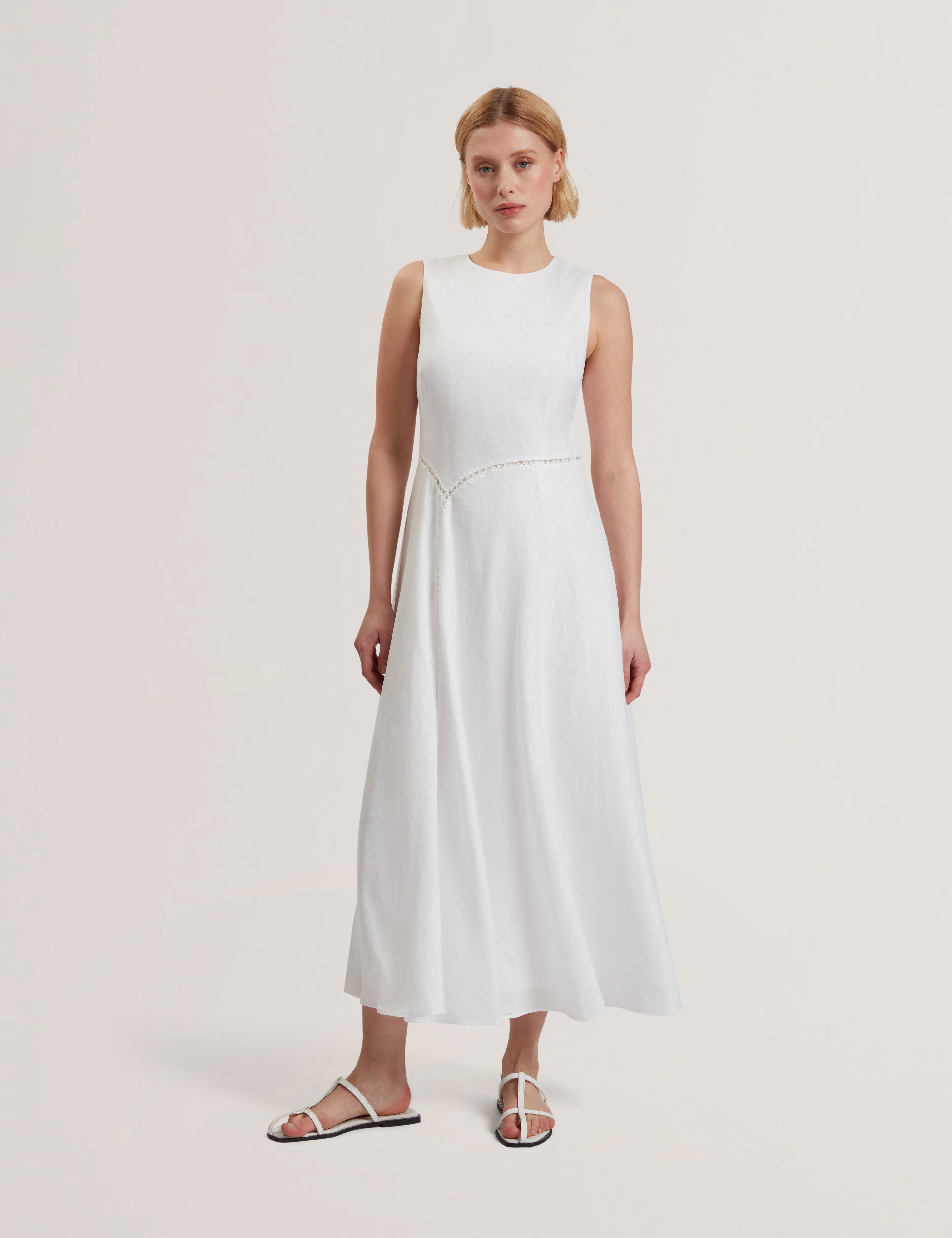 Uliaa Asymmetric Trim Detail Linen Midi Dress White