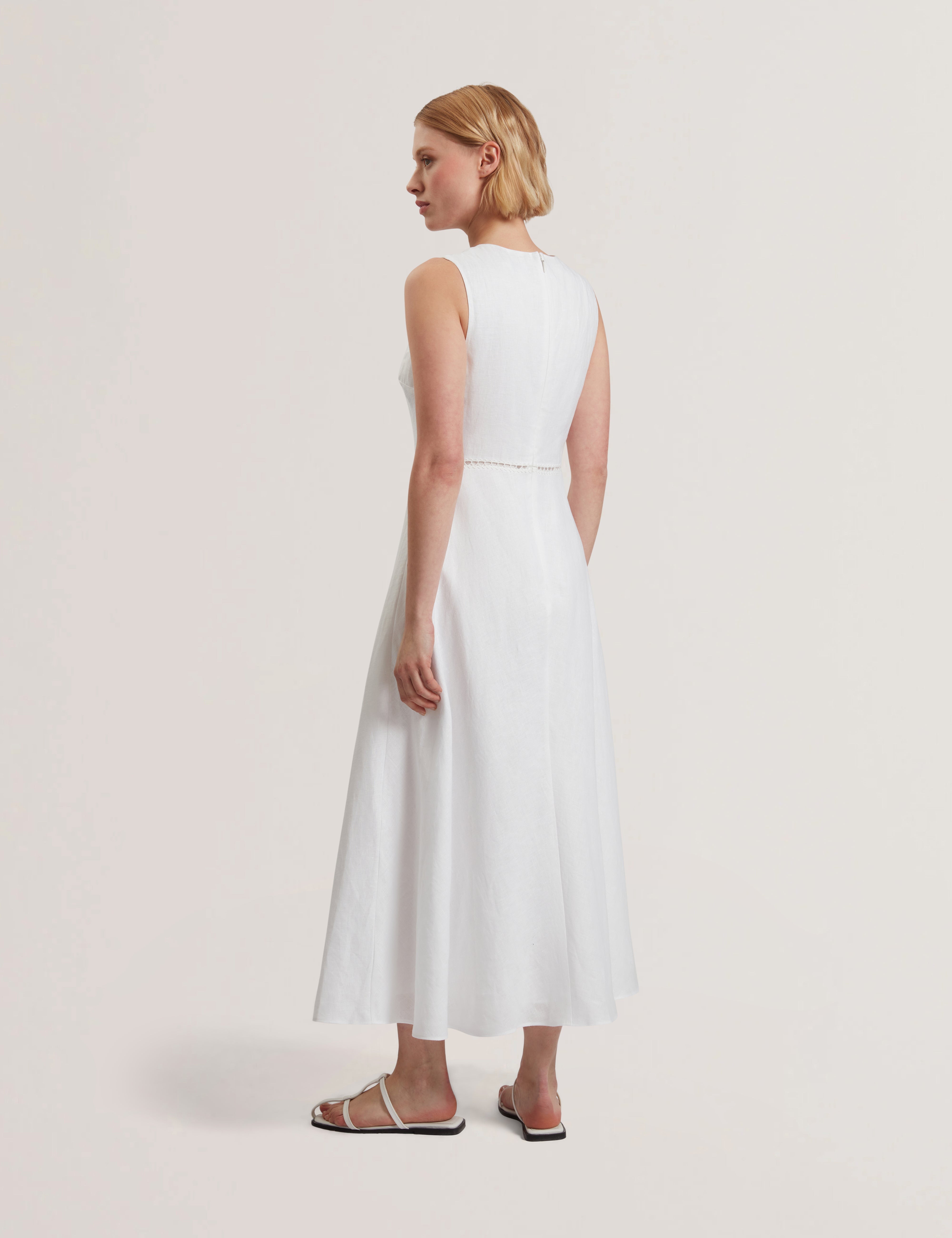 Uliaa Asymmetric Trim Detail Linen Midi Dress White