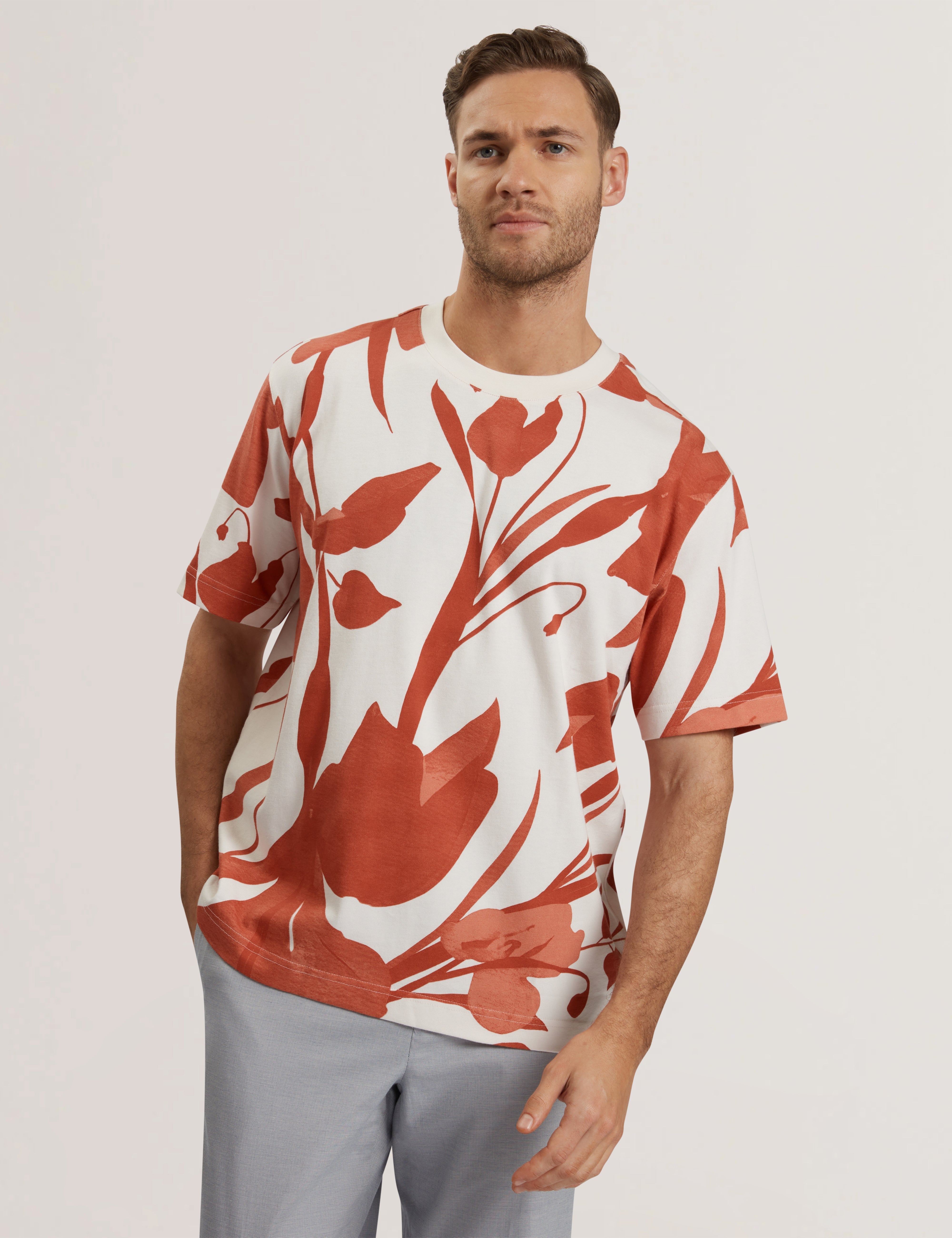 Yiannos Short Sleeve Knitted Floral T-Shirt Red